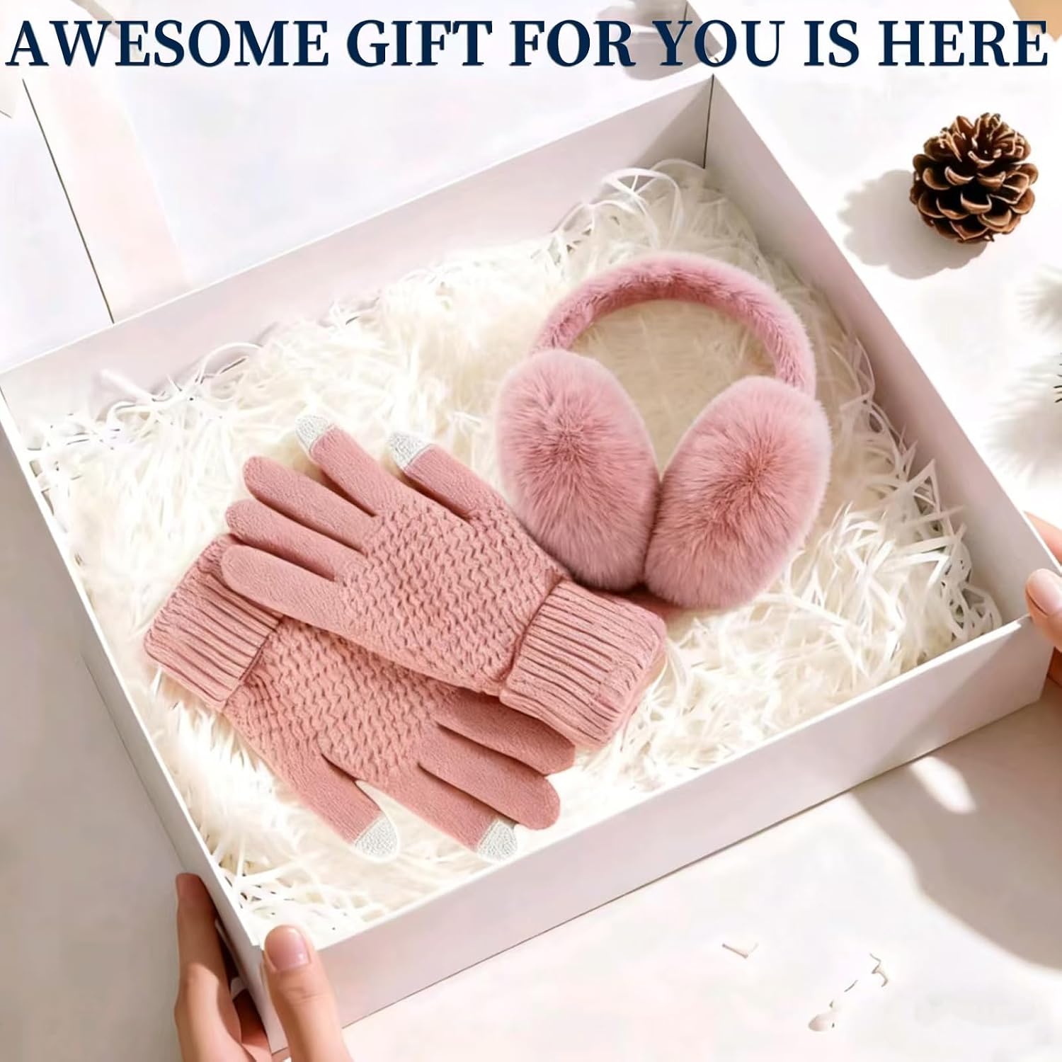 6 Pcs Winter Ear Muffs Gloves Set, 3 Pcs Adjustable Faux Fur Earmuffs and 3Pcs Elastic Cuff Knit Gloves for Adult