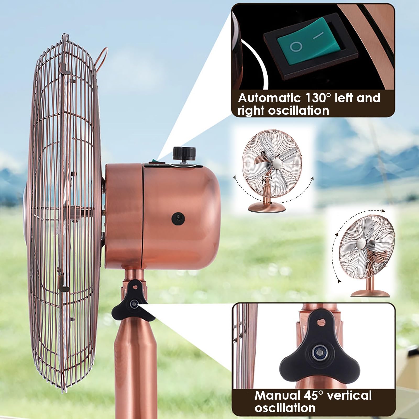 Ventilatore da Tavolo Oscillante Retrò, Ventilatore Solare con 4 Pale