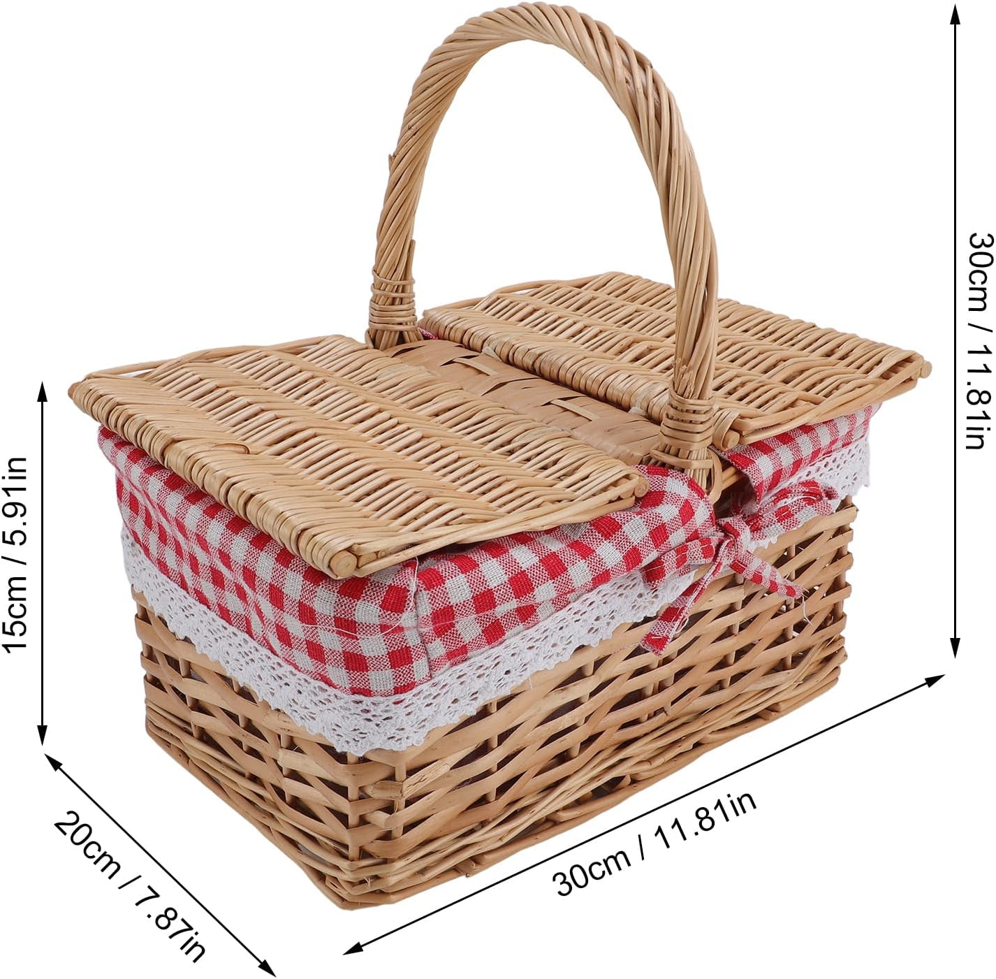 AUNMAS Wicker Picnic Basket, Rattan Woven Hamper with Double Opening lids and Removable Cotton Lining, for Camping, Family Gatherings, Easter Gifts, 11.81x7.87x5.91 inches (Red Plaid)