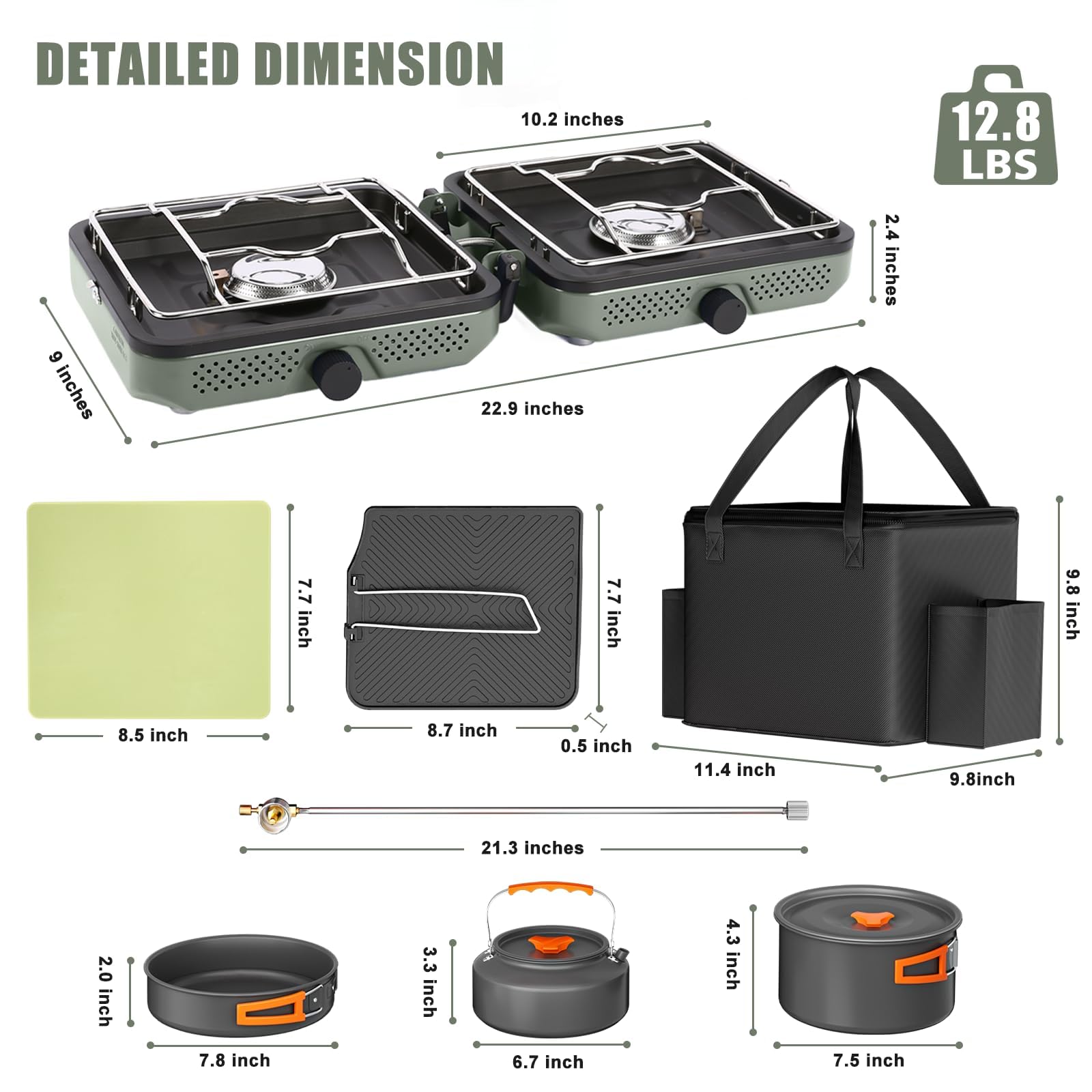 GFTIME Tragbarer 2-Brenner Campingkocher Set mit Kochgeschirr, 30000 BTU/h, Outdoor-Kochset inkl. Outdoor Klapp-Gasherd, Bratpfanne, Grillplatte, Wasserkocher, Topf und Tragetasche, für Propan&Butan