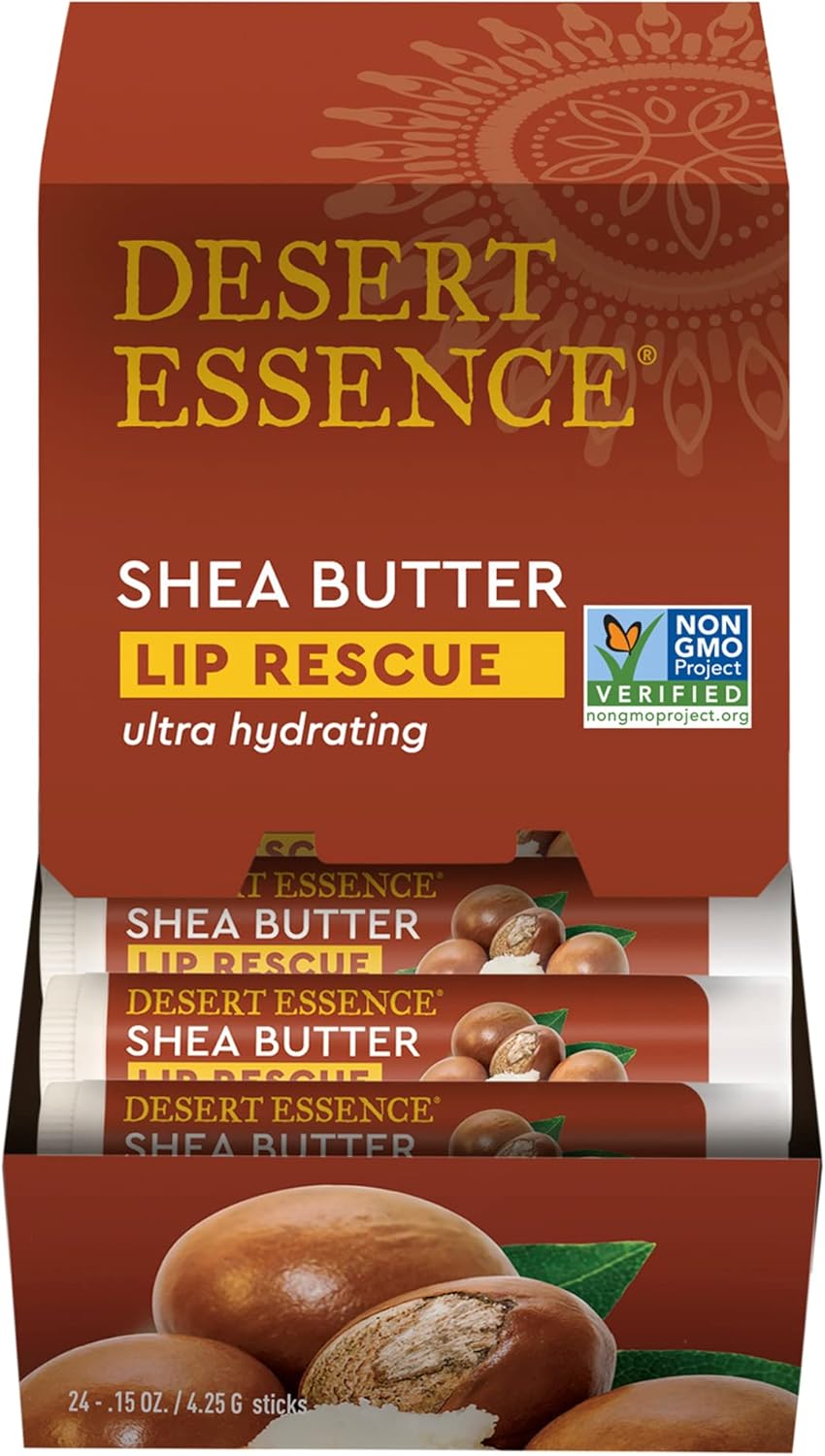 Desert Essence Lip Rescue Ultra Hydrating w/ Shea Butter - 0.15 Oz - Pack of 24, Soft Moisturizer Balm Stick, Ginkgo Biloba Extract- Soothes Dry Or Cracked Lips - Vitamin E - Beeswax - Peppermint Oil