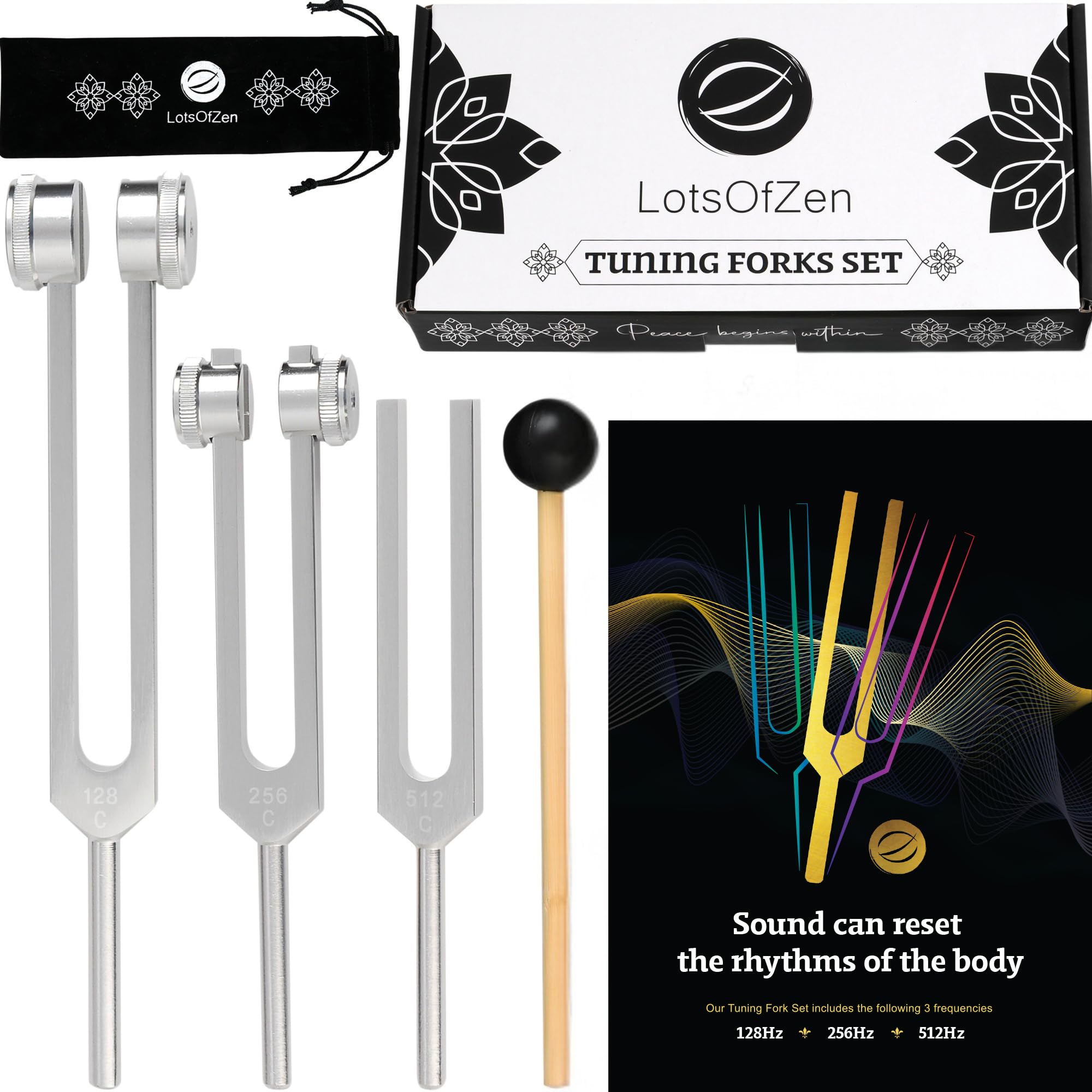 Tuning Fork for Healing (128Hz, 256Hz, 512Hz) - Tuning Fork Medical Set with Body Weight for Chakra Healing - Yoga and Meditation Accessories - Frequency Healing Device Tuning Fork Set