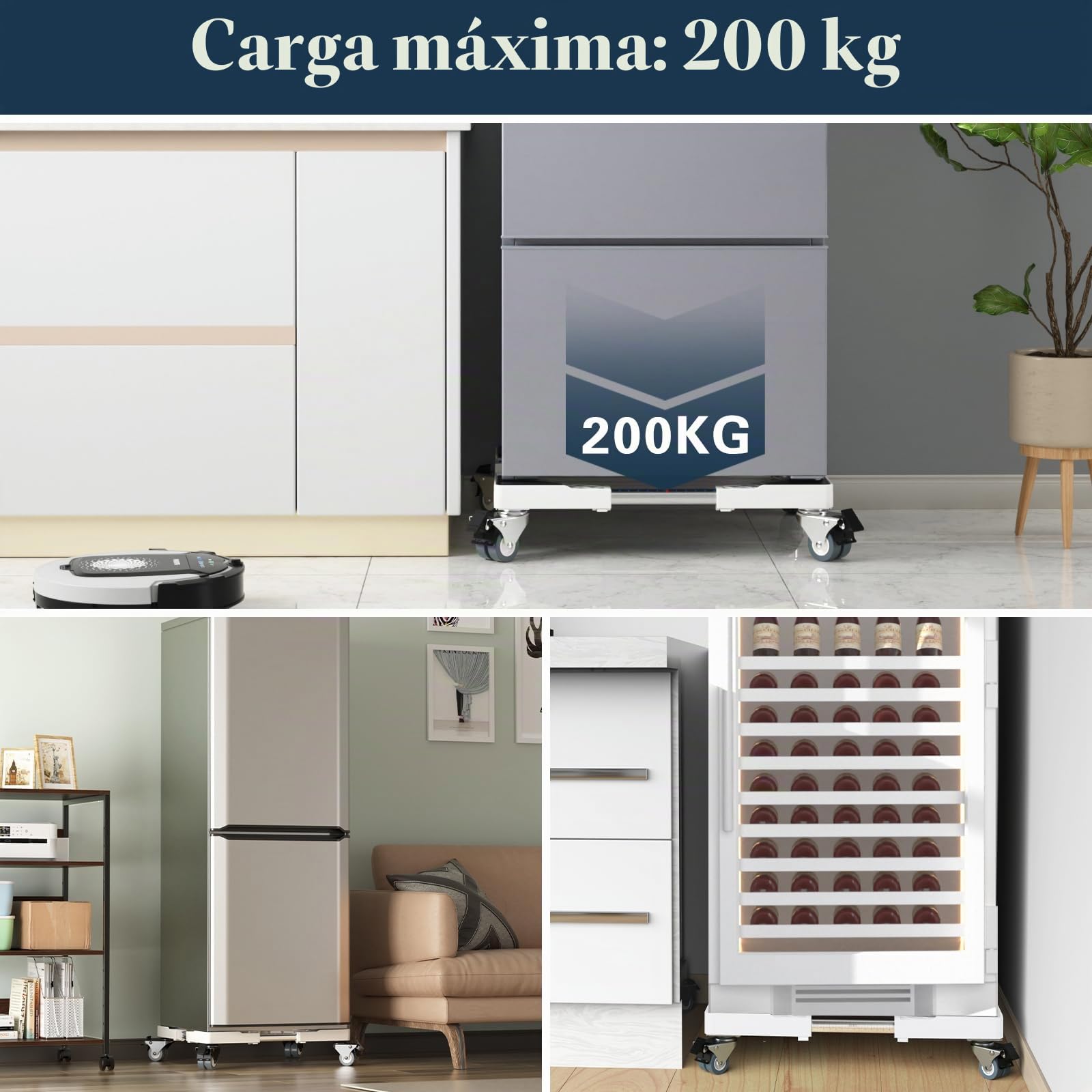 DEWEL Base con 4 Ruedas con Bloqueo para Frigorífico, Lavavajillas, Electrodomésticos ajustable 45cm-65cm Soporte Lavadora Carga 200 kg（Blanco）