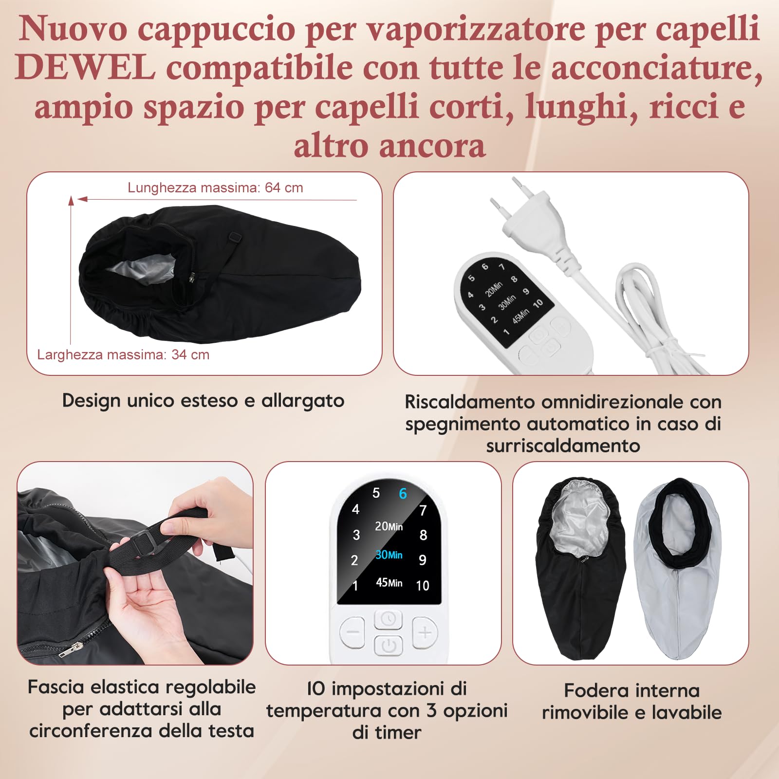DEWEL Cuffia Termica per Capelli, Cuffia Termica per Capelli Henne (Nero) | Versione Estesa, 10 Livelli di Temperatura Regolabili, Adatto per l'Uso in Spa, Saloni e Casa