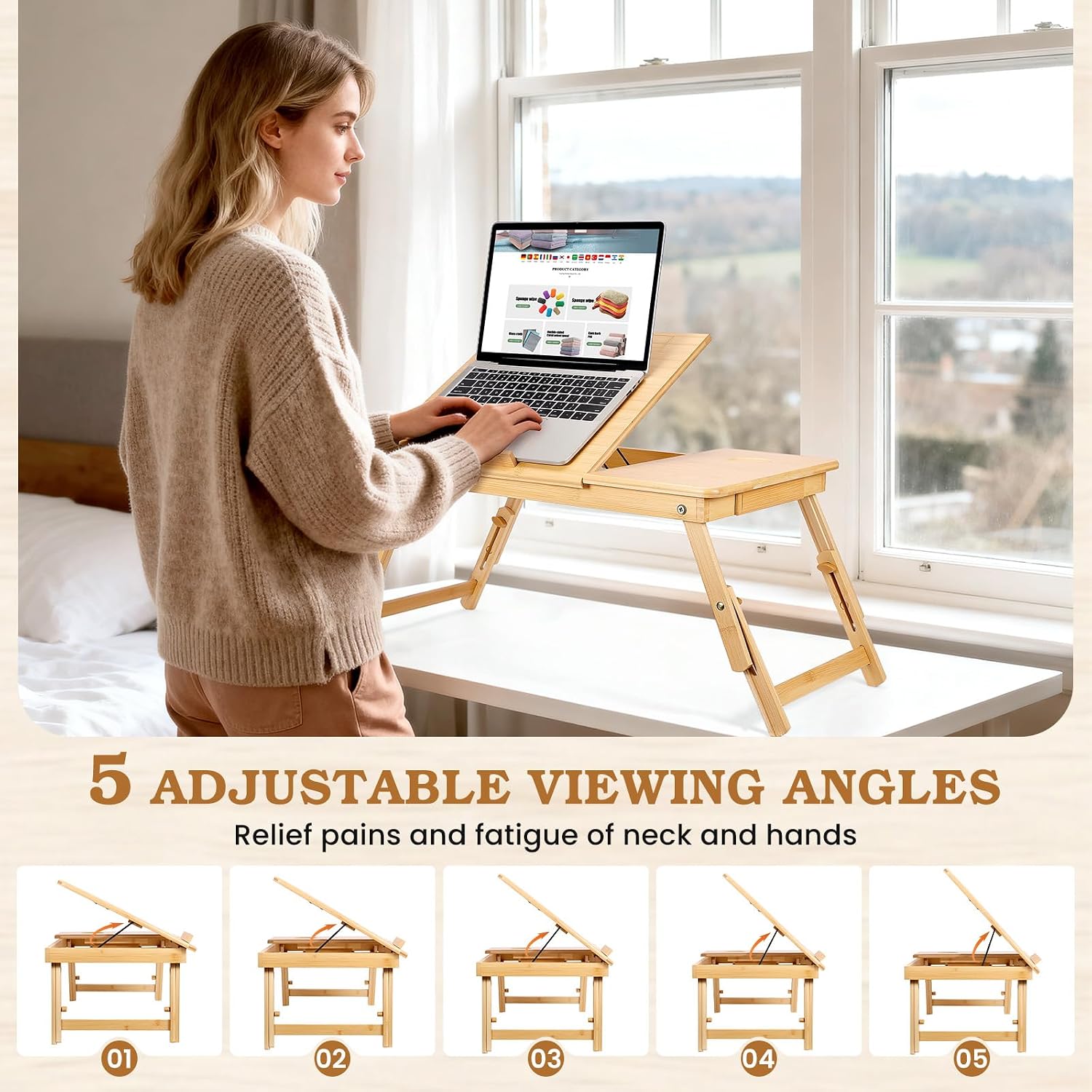 Bamboo Laptop Desk for Bed, Adjustable Height and Angle, Foldable Lap Desk with Cup Holder and Drawer, Portable Bed Table Tray for Writing Reading Drawing or Breakfast