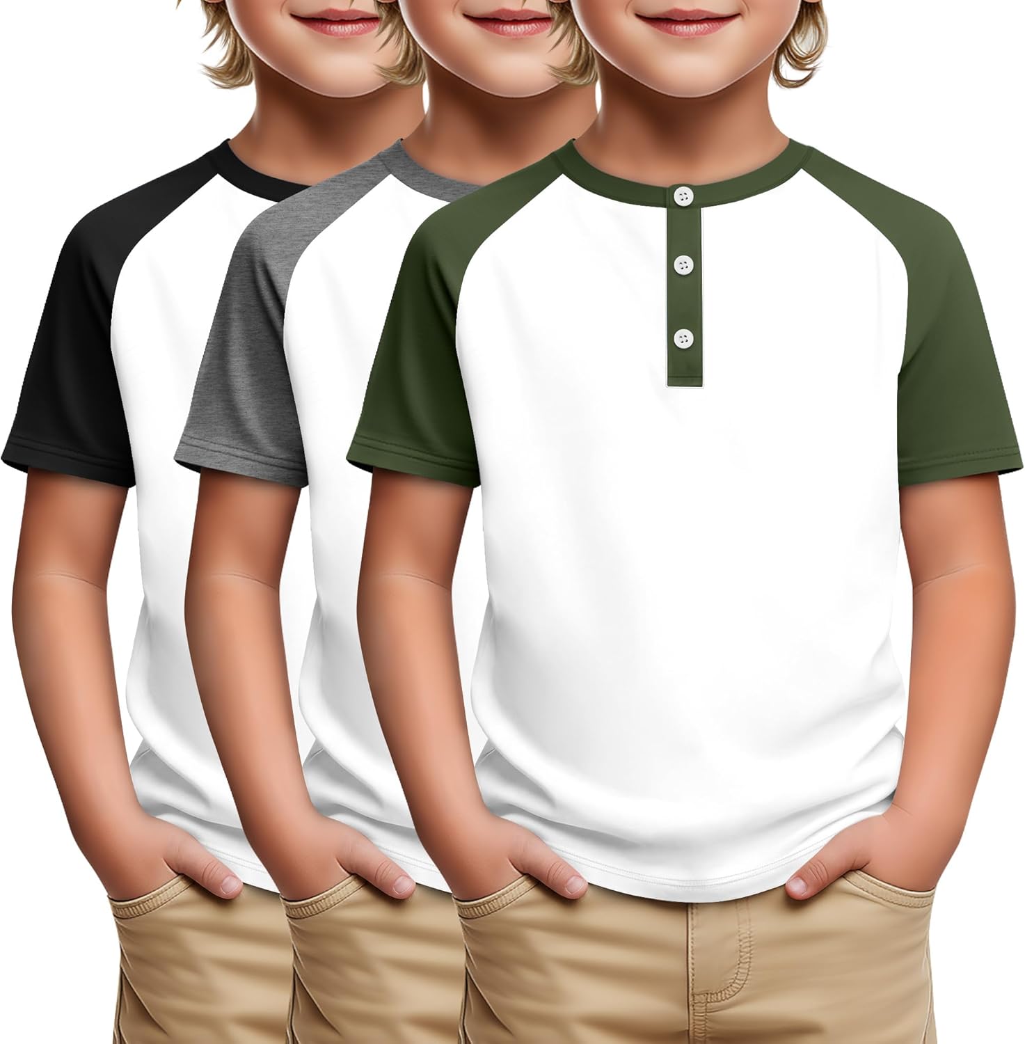 3 Pack Boys Short Sleeve Raglan T Shirts Kids Henley Shirt Basic Baseball Tops 5-14 Years