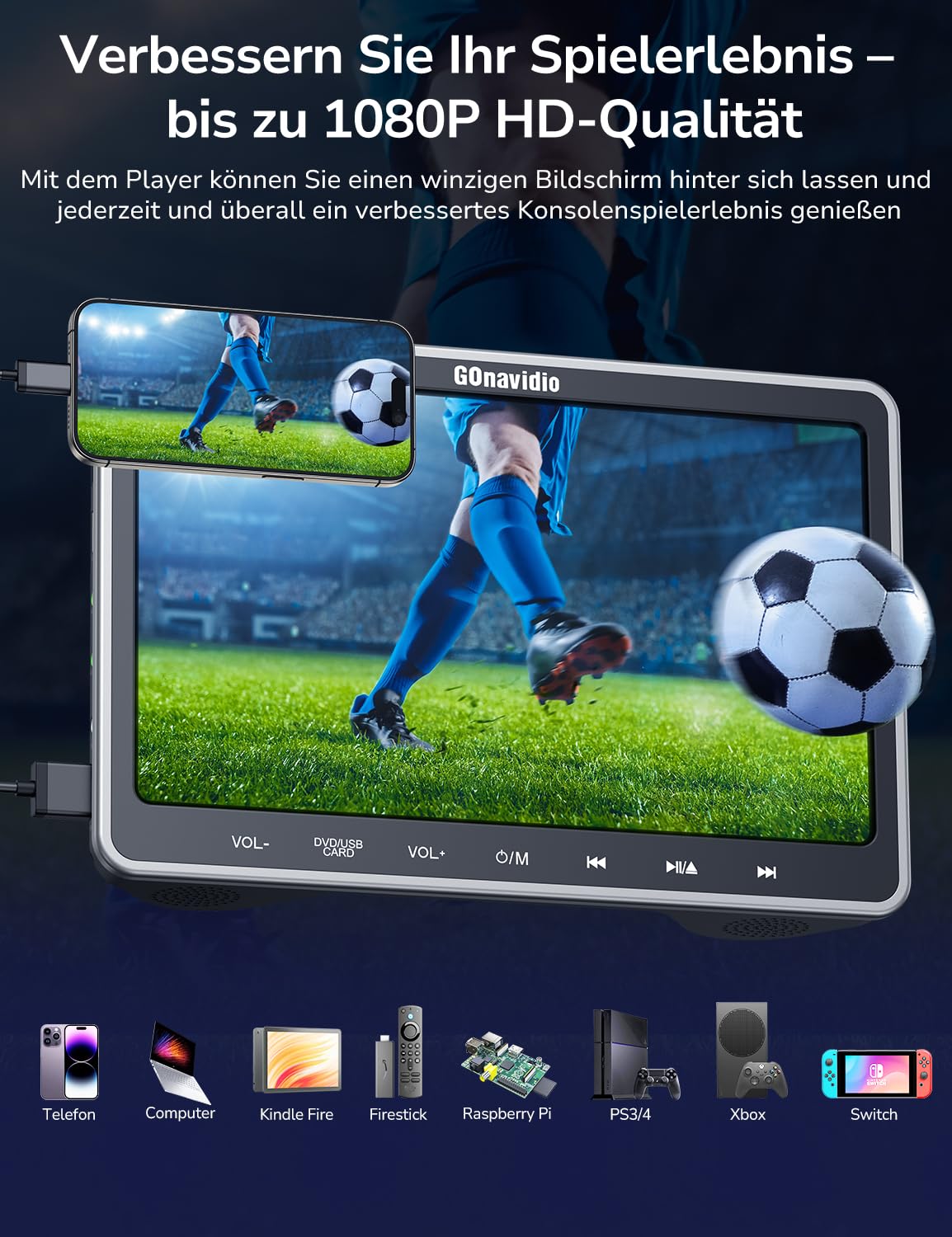 GOnavidio 10,5" DVD Player Auto 2 Bildschirme, Tragbarer Auto DVD-Player mit HDMI-Eingang, Slot-Loading-Disc, 2 Kopfhörer und Kopfstützenhalterung, Unterstützt Letzter Speicher, USB/TF-Karte