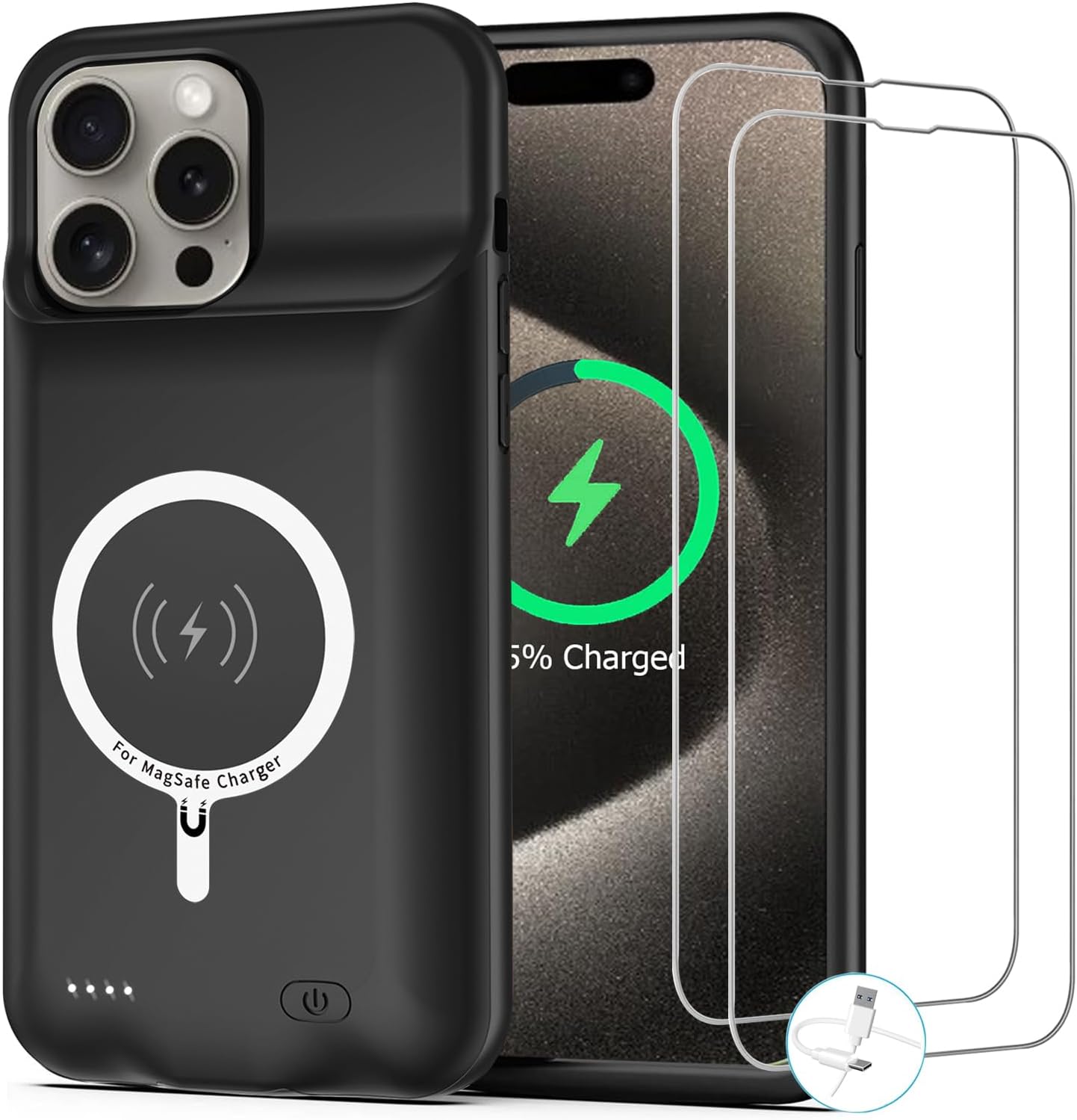 Battery Case for iPhone 15 Pro Max, [12000mAh] Enhanced Portable Protective Qi Wireless Charger Case Battery Pack with CarPlay Wireless Charging Case Compatible for iPhone 15 Pro Max (6.7 inch)-Black