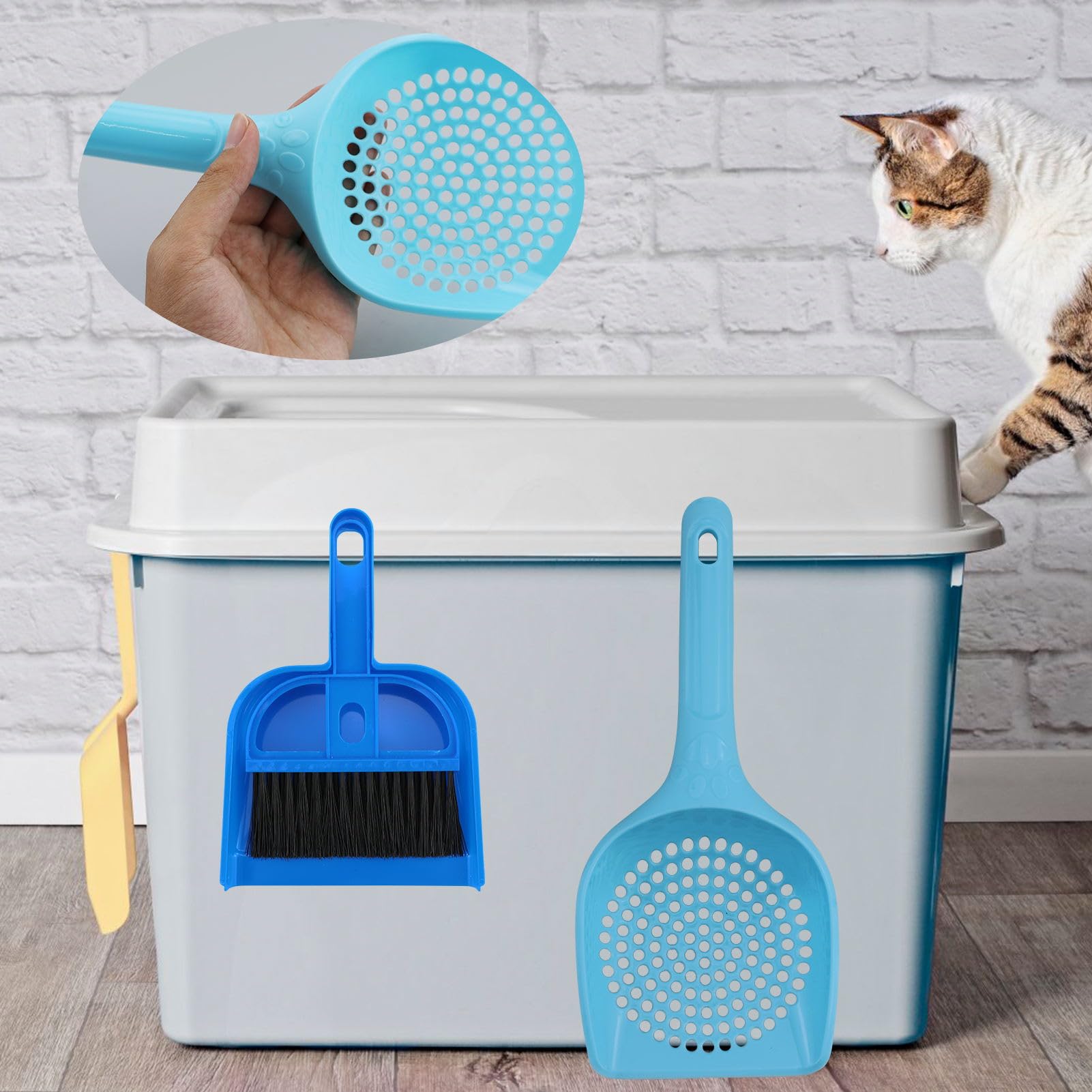 Set Di 4 Palette Per Lettiera Gatti – Robuste In Alluminio E Silicone, Con Manico Lungo, Fori Piccoli, Incluse Scopa E Paletta, Ideali Per Famiglie Con Più Gatti