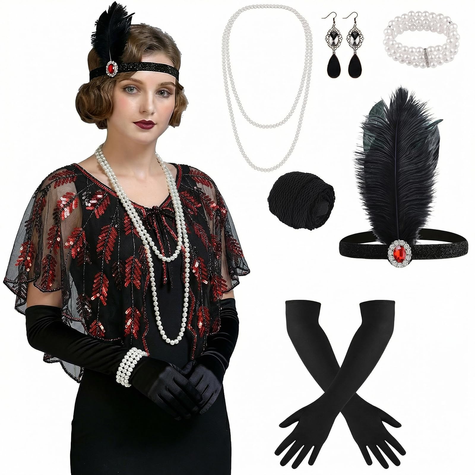 ELECLAND 10 Pieces 1920s Flapper Gatsby Accessories Set Fashion Roaring 20's Theme Set with Headband Headpiece for Women (Black Red, Style 3) — image 1