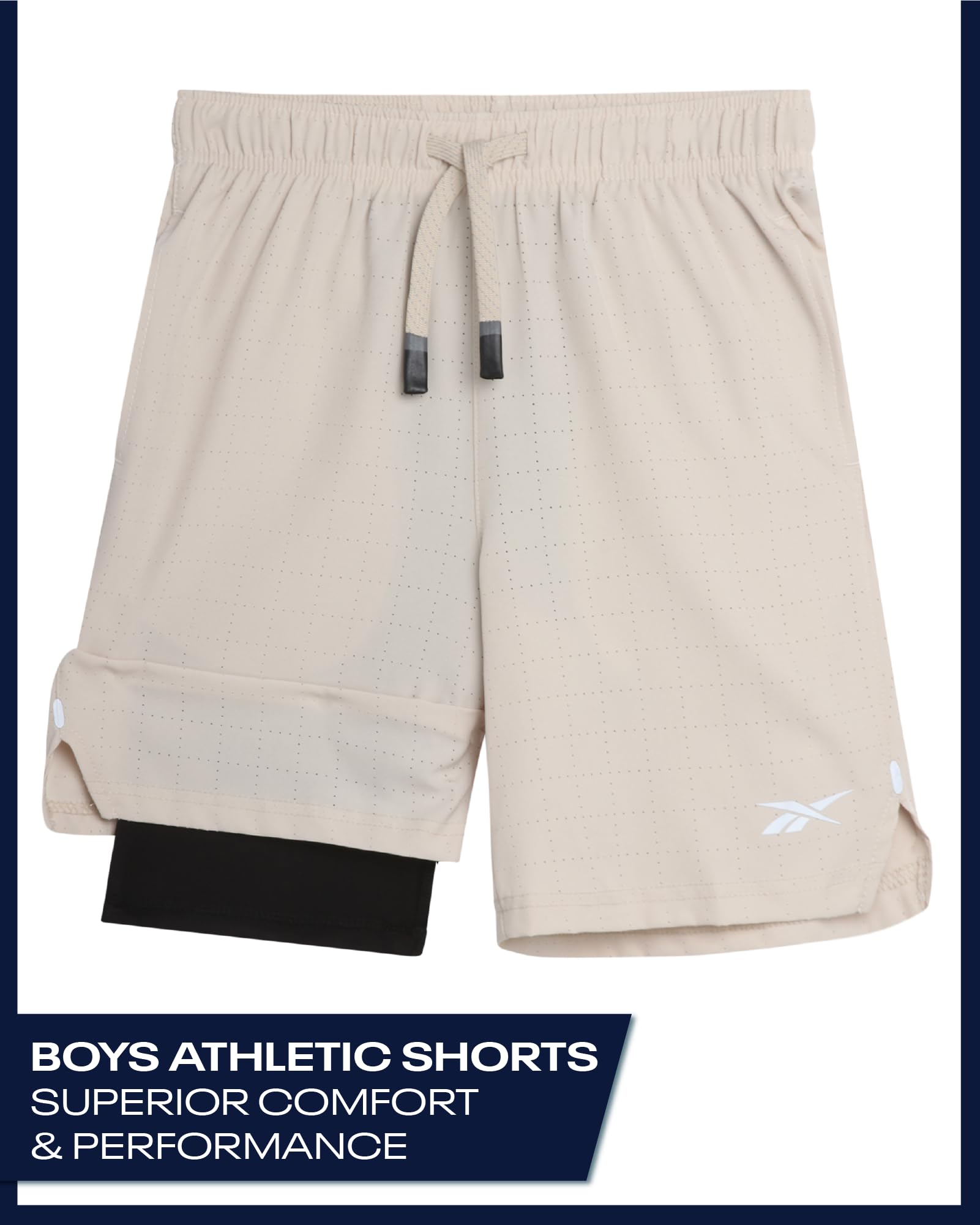 Reebok Boys Shorts - 2 in 1 Basketball Shorts with Compression Liner and Pockets - Gym and Running Boys Athletic Shorts, Size 8, Bone