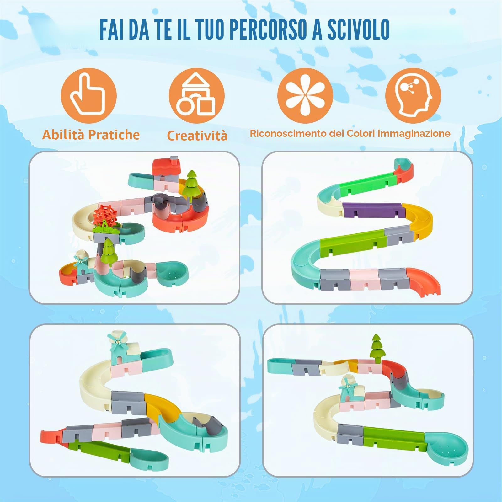 62PCS Giocattolo da Bagno a Scivolo d'anatra, Giocattoli da Bagno a Scivolo d'acqua Fai Da Te per Bambini di Età Compresa tra 4 e 8 Anni, Giocattoli da Vasca da Parete per Ragazzi e Ragazze