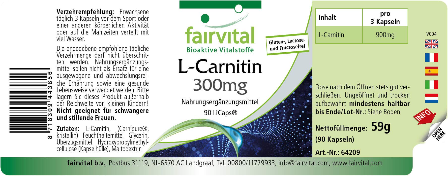 fairvital L-Carnitina Capsule 300 mg, 90 LiCaps®, facili da deglutire, ALTO DOSAGGIO, VEGANE