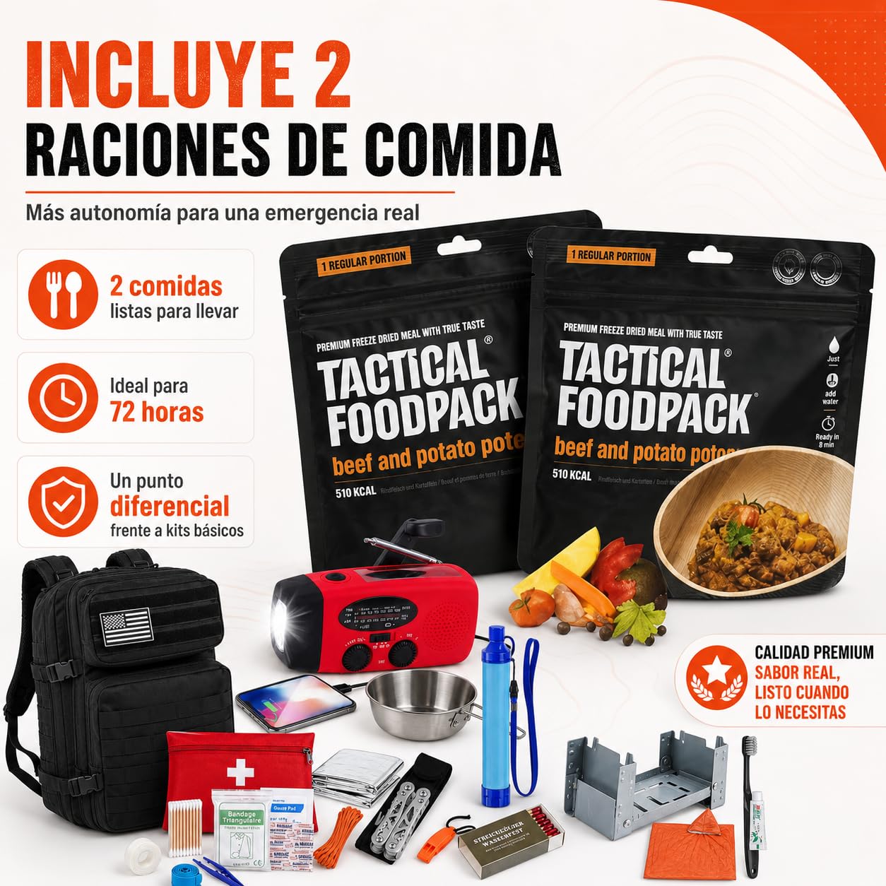 Mochila de Emergencia Equipada 72 Horas – Kit de Supervivencia UE con Comida Liofilizada, Radio Solar y Dinamo, Filtro de Agua y Primeros Auxilios – Mochila 50L Preparación Hogar y Evacuación