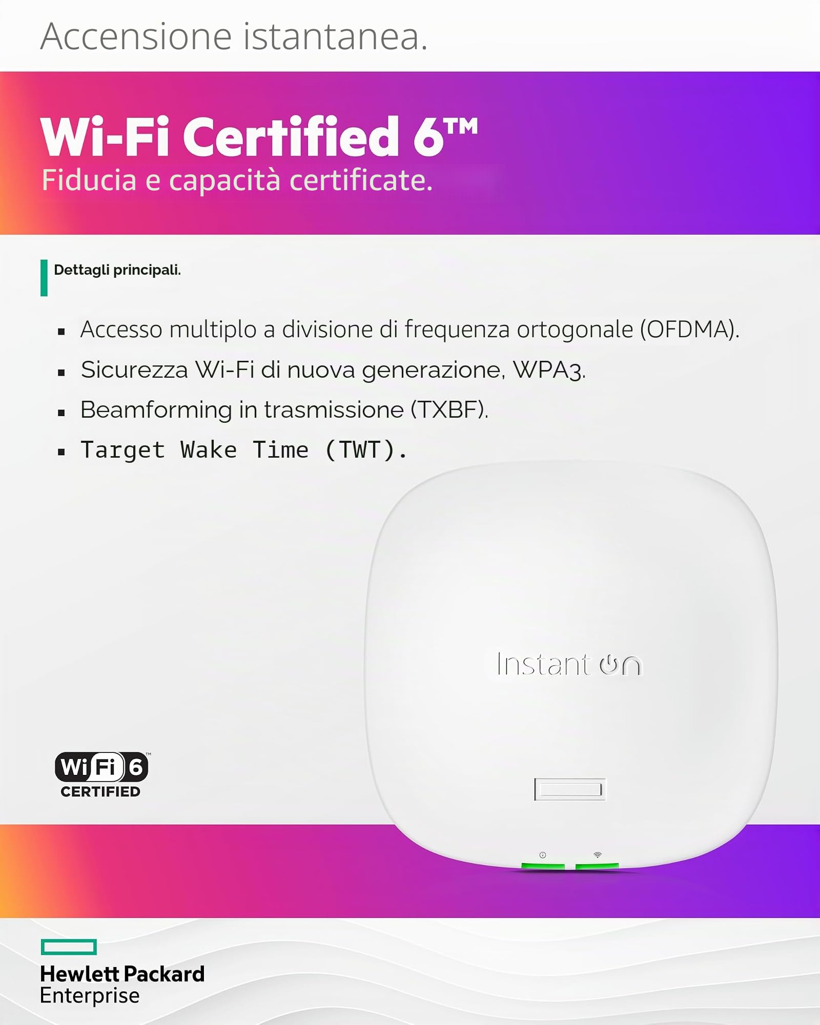 Hpe Instant On Ap21 1200 Mbit/s Bianco Supporto Power Over Ethernet [poe] (nw Ion Ap21 [rw] WI-Fi 6 Ap - )