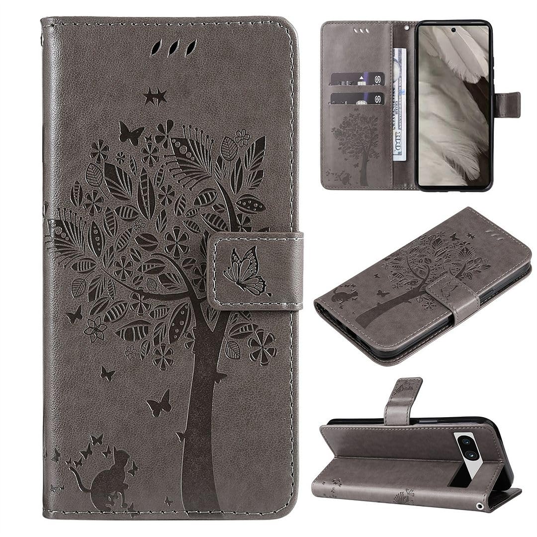 SATURCASE Custodia a portafoglio per Google Pixel 7A, motivo albero di gatto in rilievo, in pelle