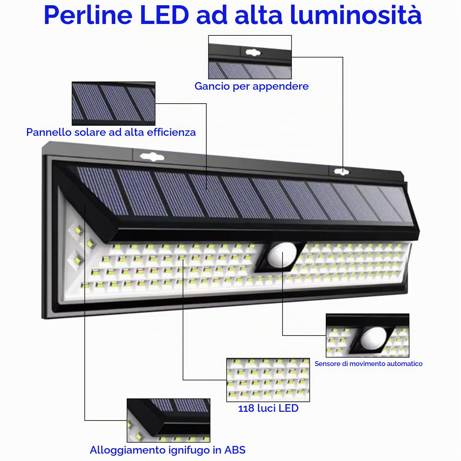 Unifizz Lampada solare per camper con sensore di movimento, 118 LED, impermeabile, per viaggi in camper, rimorchi da viaggio