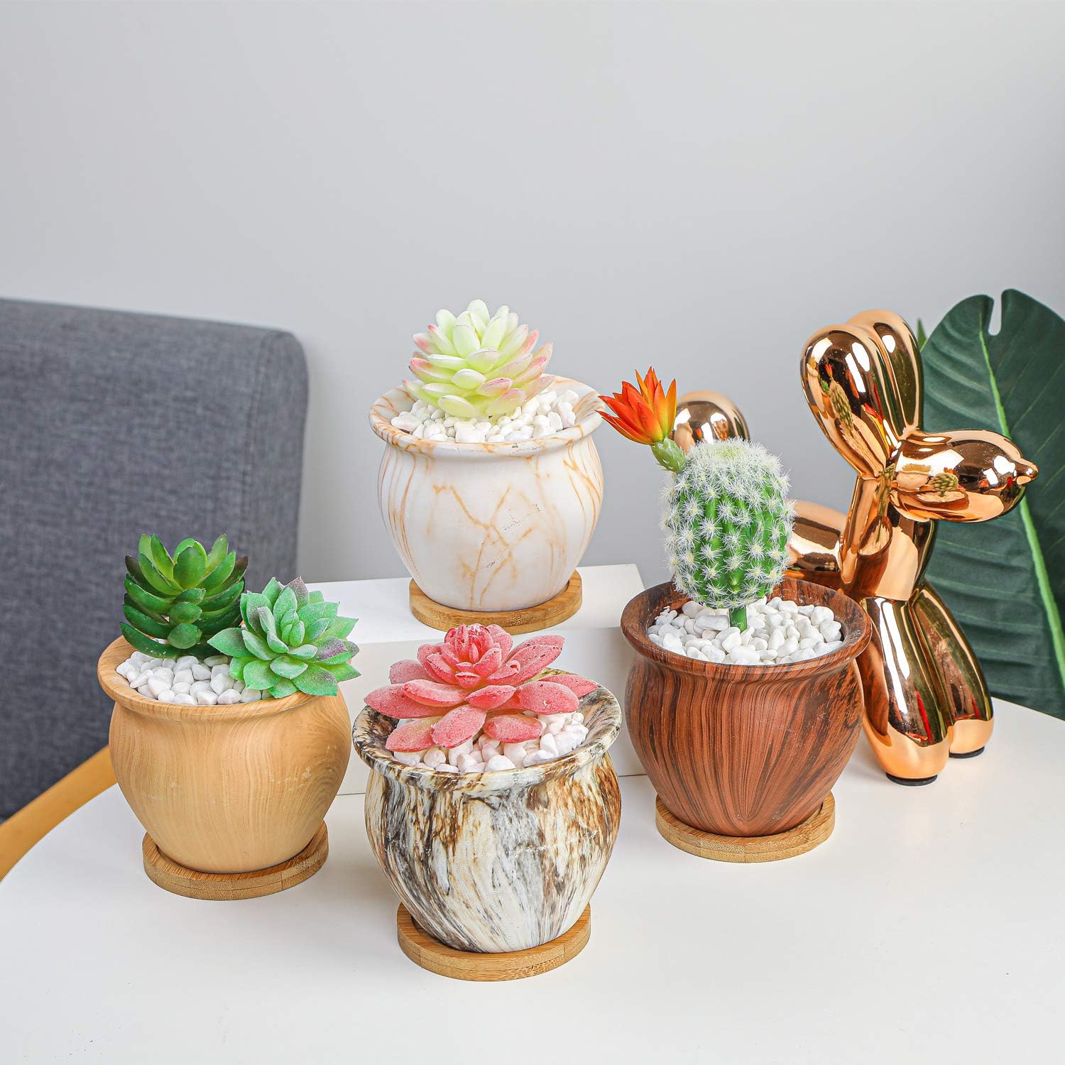 ARTKETTY Succulent Pots, 4.5 Inch Small Succulent Planter Pot with Drainage Bamboo Trays, Ceramic Flower Pots for Indoor/Outdoor Cactus Plants Set of 4