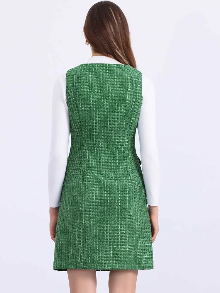 Allegra K Tweed Dress for Women's Sleeveless Square Neck Button Up A-Line  Pinafore Overall Dresses X-Small Green at Amazon Women's Clothing store