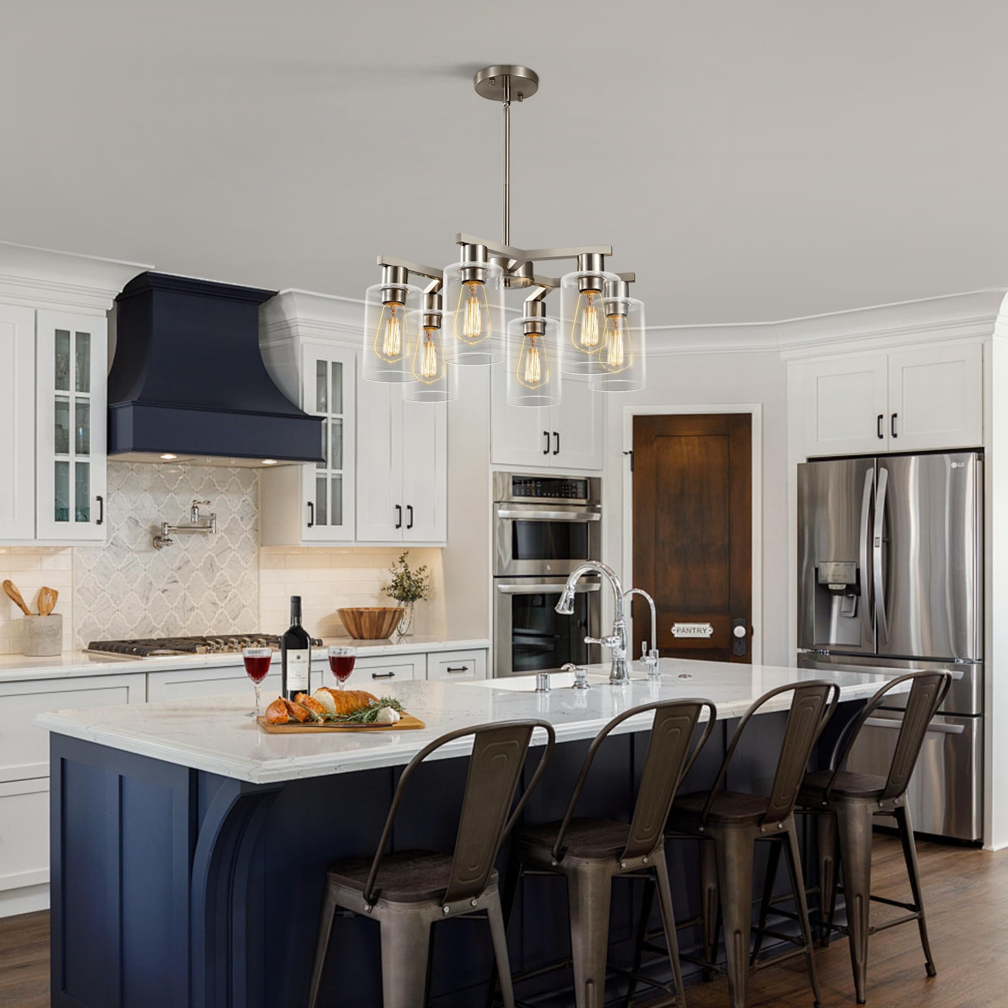 Condition photo showing New/Like New for 6-light modern farmhouse brushed nickel chandelier, dining room light fixture over table adjustable height hanging industrial pendant lights kitchen island, clear glass shade