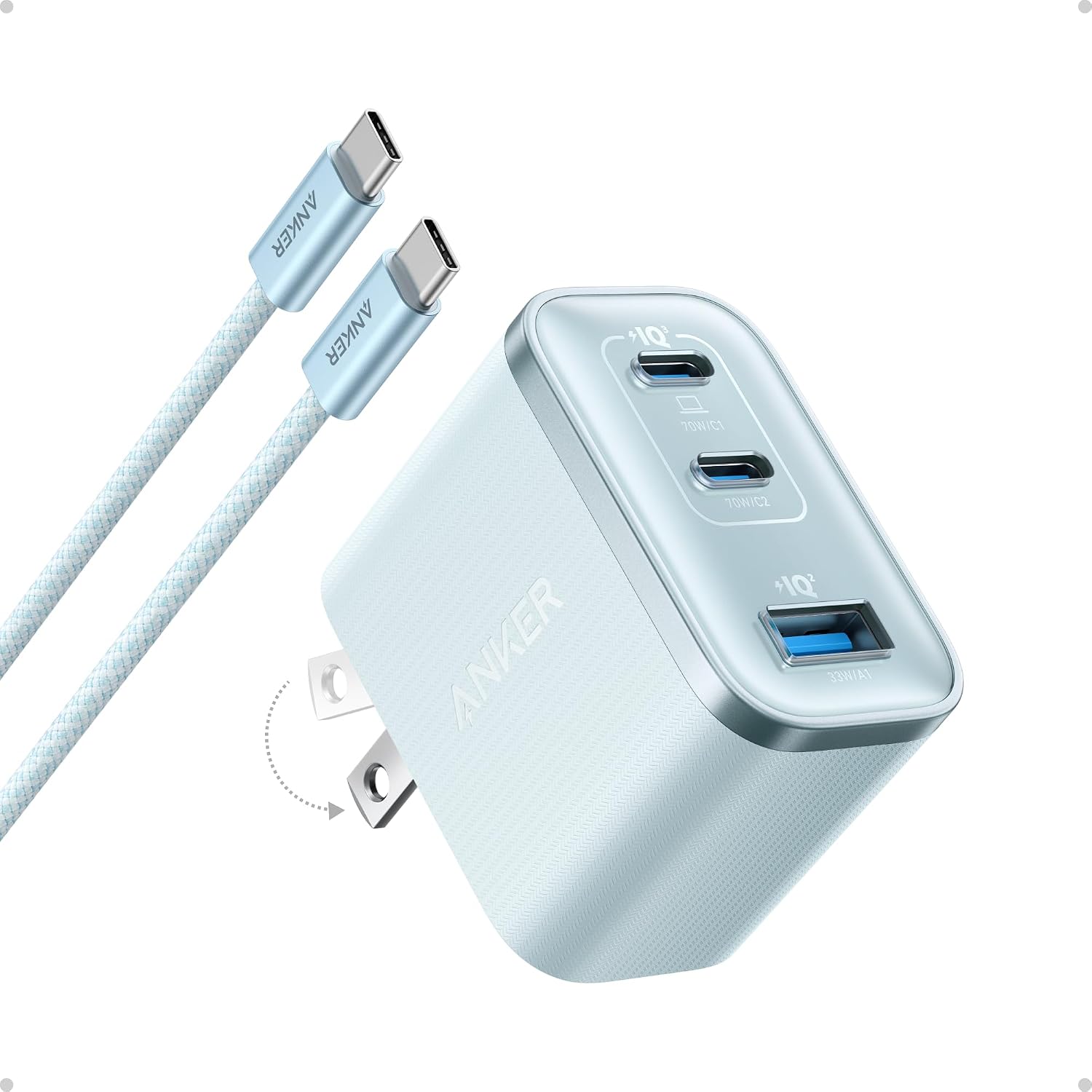 Nano 70W Max 3-Port Fast Charger USB C, Type C Charger Fast Charging | Compact and Stylish USB C Charger Block, for iPhone 17/17 Pro Max/16 Series, MacBook Pro, iPad (Black, Cable Included)