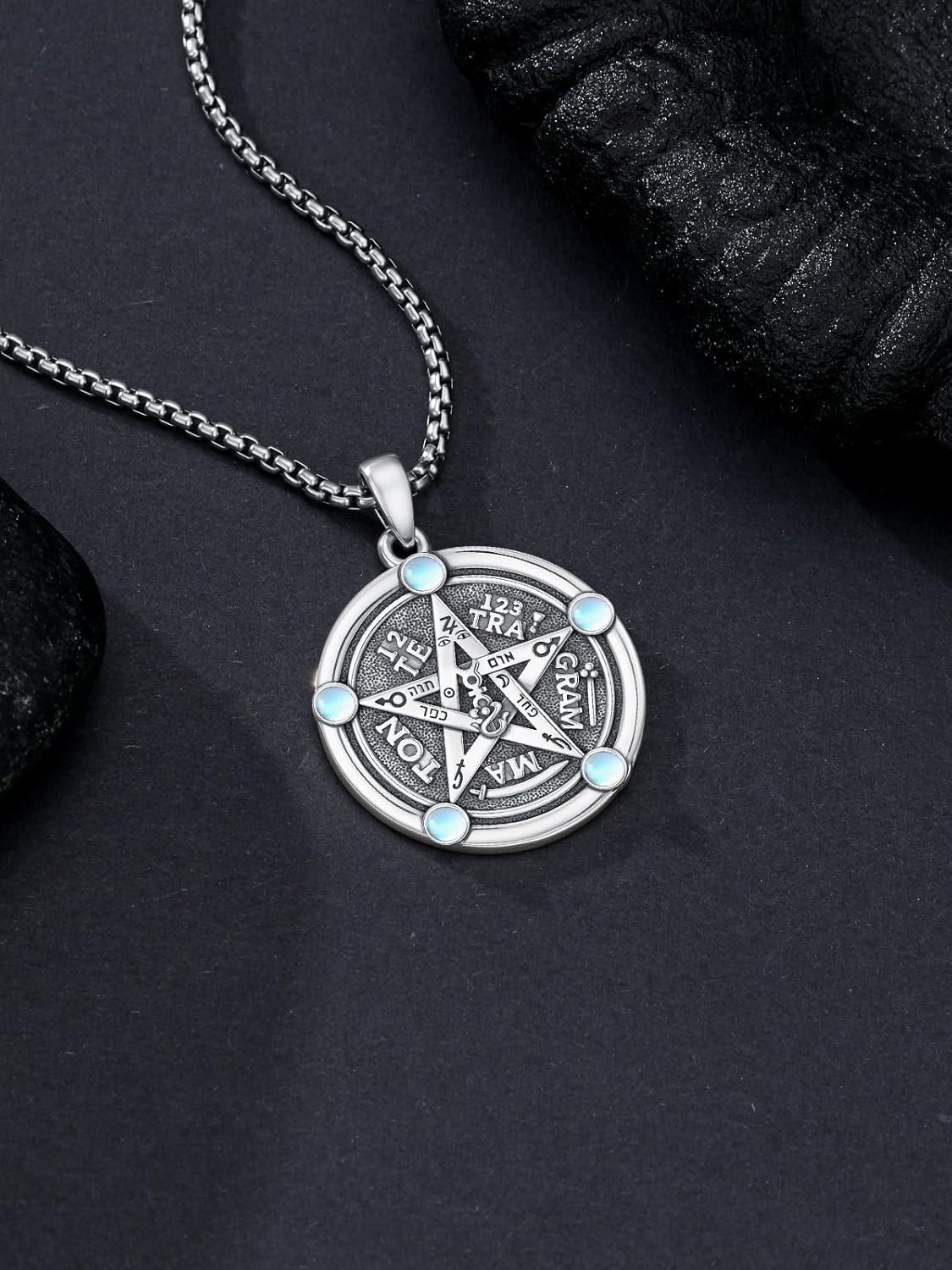Dorunmo Tetragramaton Amuleto de Plata 925 Sterling Silver Pentagram Tetragrammaton De Plata Moonstone Pendant Necklace Good Luck Protection Amulet Wiccan Jewelry for Men Women - Image 3