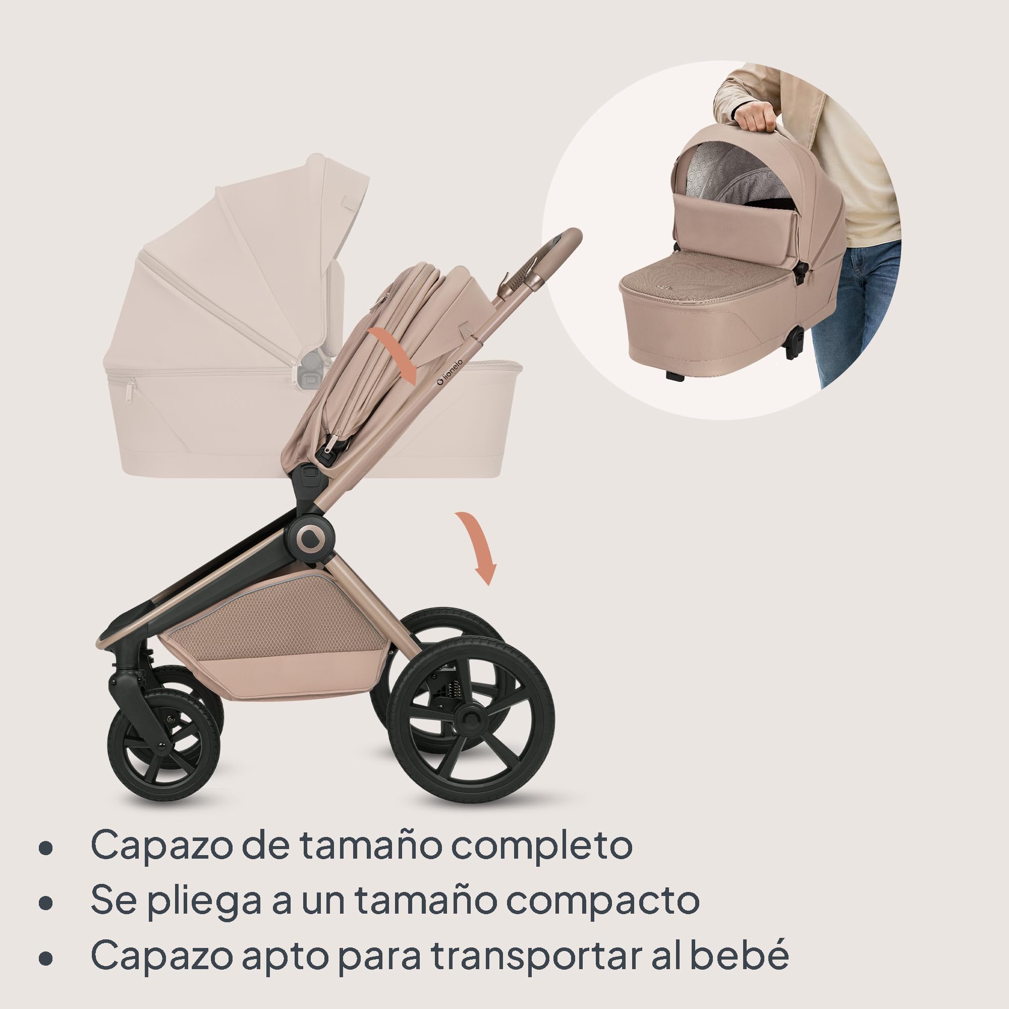 Lionelo Freya Carro Bebe 3 Piezas Carrito de Bebe 3 en 1 (0-4 Años, Hasta 22 Kg), Plegable Capazo, Silla y Silla de Coche I-Size 40-87 Cm, Suspensión, Ruedas PU, Capota UPF50+, Cochecito Bebe