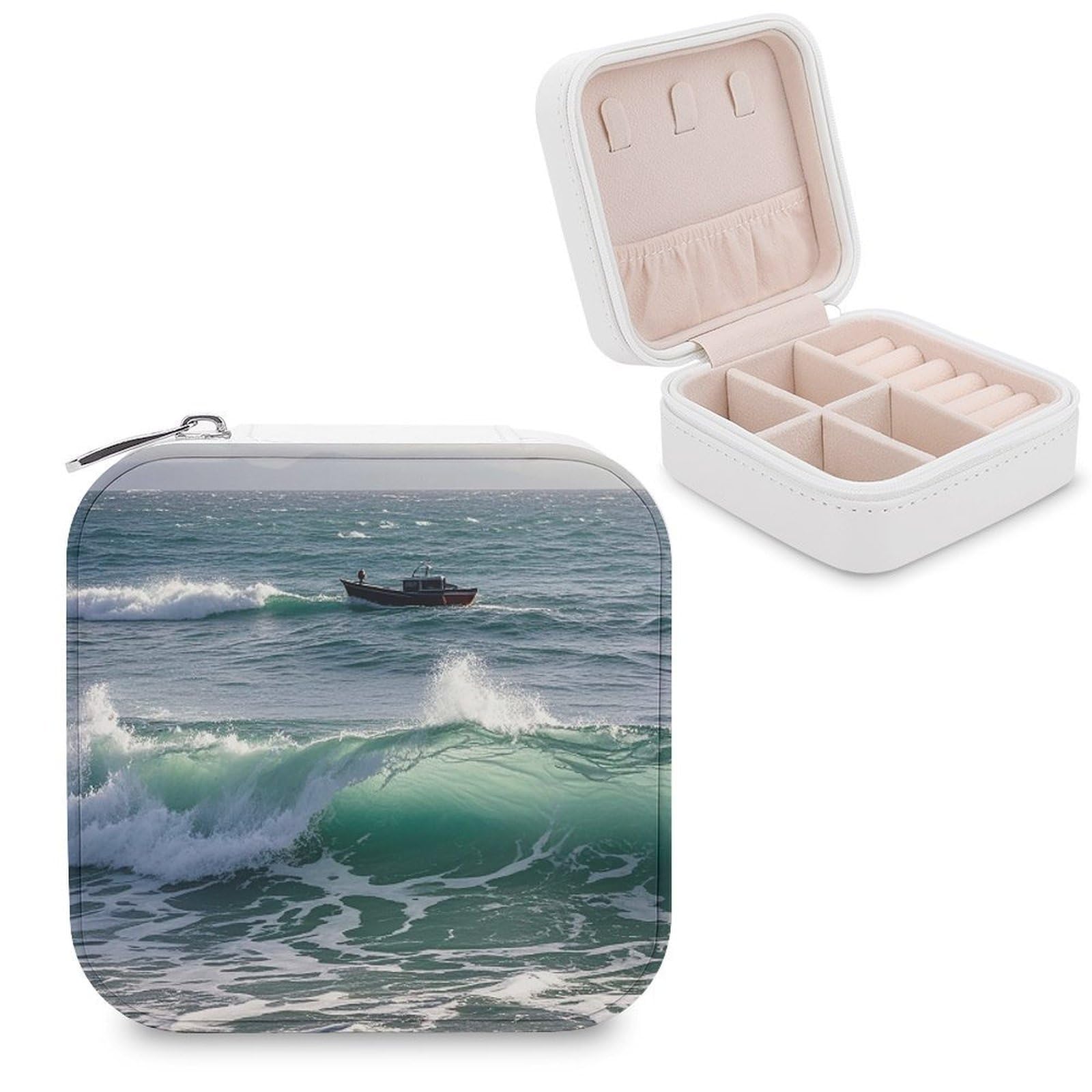 LZQPOEAS Smooth Sea View Jewelry Box Mini Jewelry Travel Case Trendy Stuff Ring Box Custom PU Leather Jewelry Boxes Portable Jewelry Case Earring Storage Organizer for Girls Women