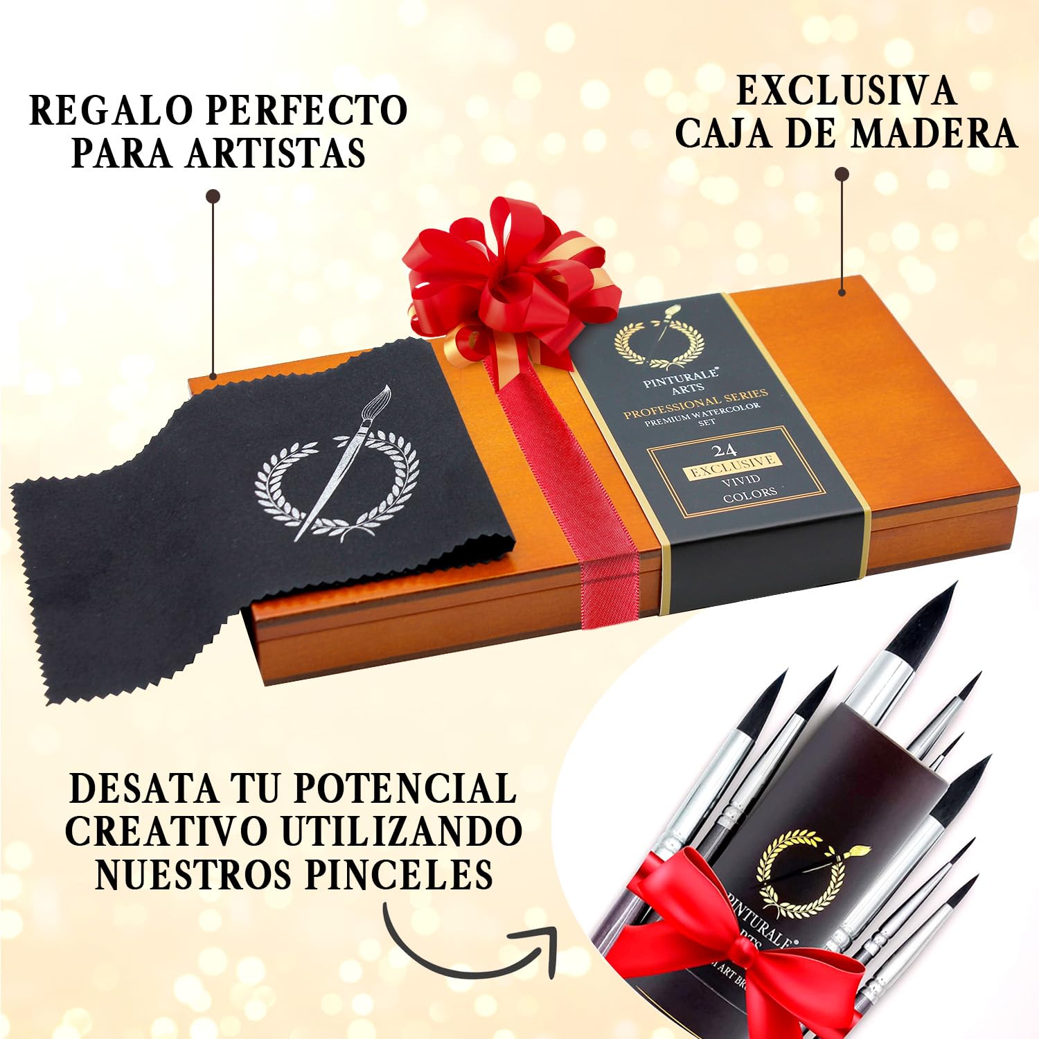 Pinturale Acuarelas Profesionales de Alta Pigmentación | Set Acuarelas Profesional | Incluye 24 Colores Grandes, Caja de Madera y Paño | Acuarelas Calidad Artista