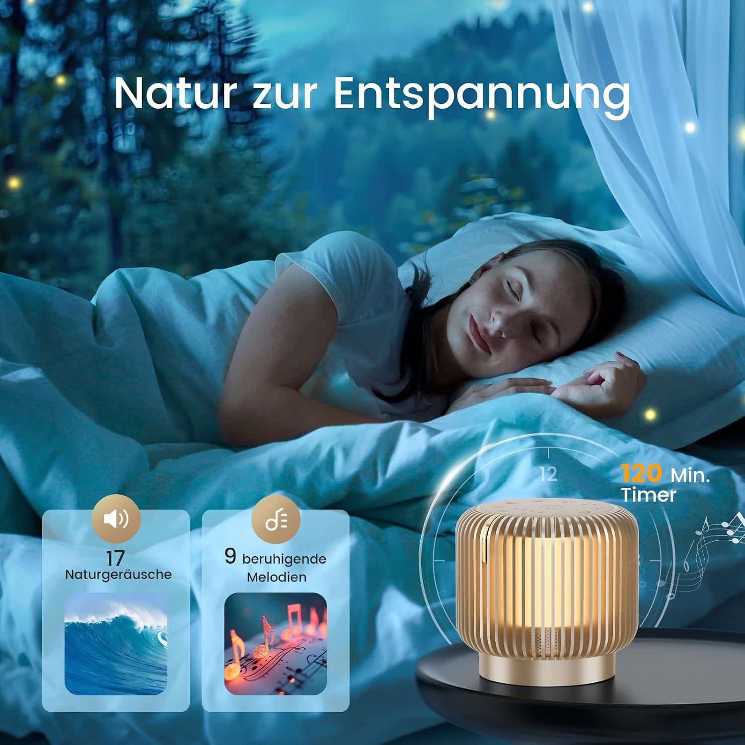 COLSUR White Noise Machine showing 17 natural sounds and 9 soothing melodies with timer
