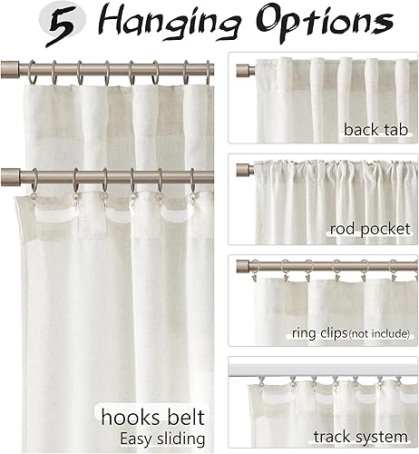 Miniatura 4 de Joywell - Cortinas de lino largas y plisadas para sala de estar y dormitorio, con trabillas traseras, estilo neutro, moderno y rústico, con ganchos,