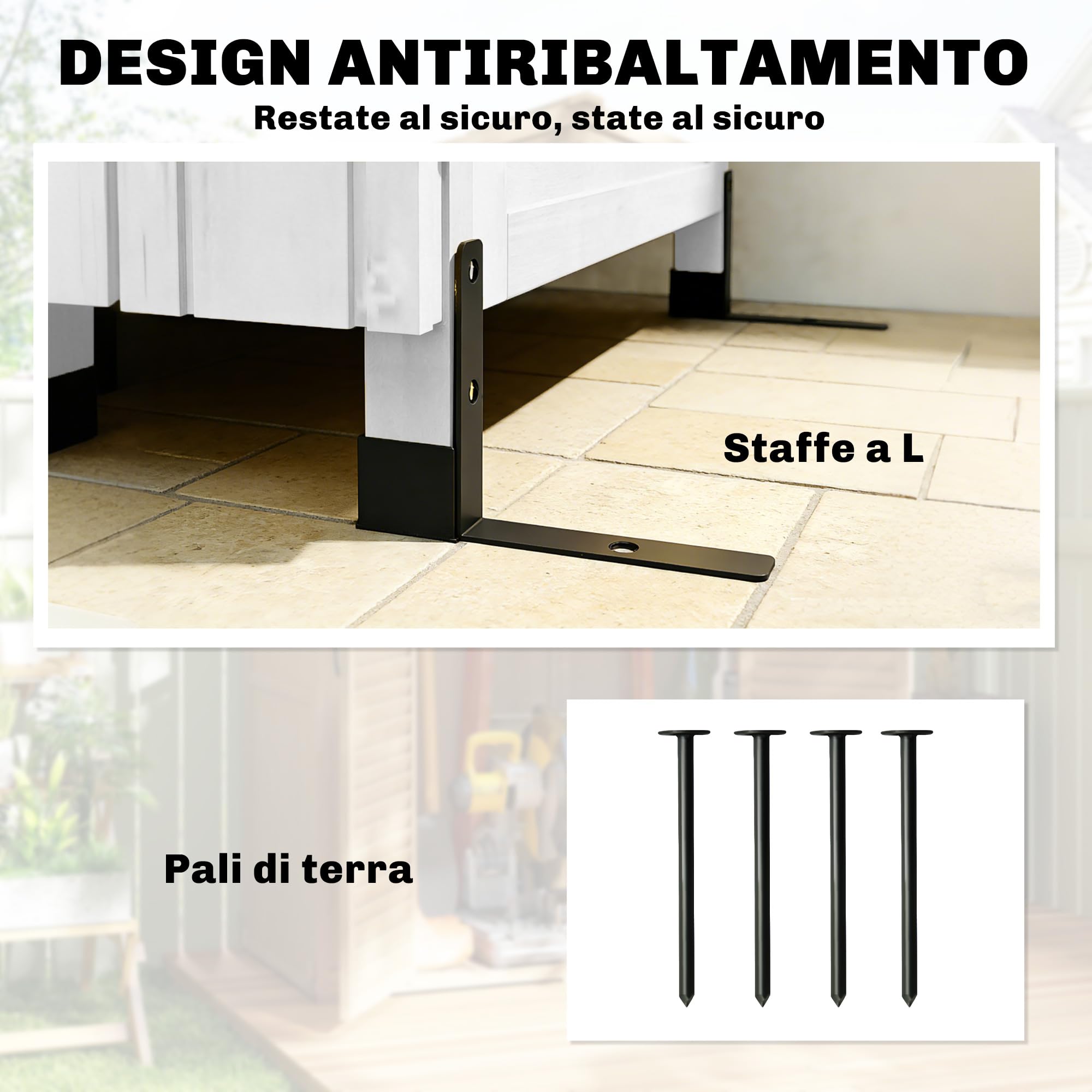 Outsunny Armadio da Giardino in Legno Alto, Casetta Porta Attrezzi da Esterno con Tetto Inclinato Zincato, Ripiani Regolabili, Prese d'Aria, Kit Antiribaltamento, 85x58x213cm, Finitura Goffrata Bianco