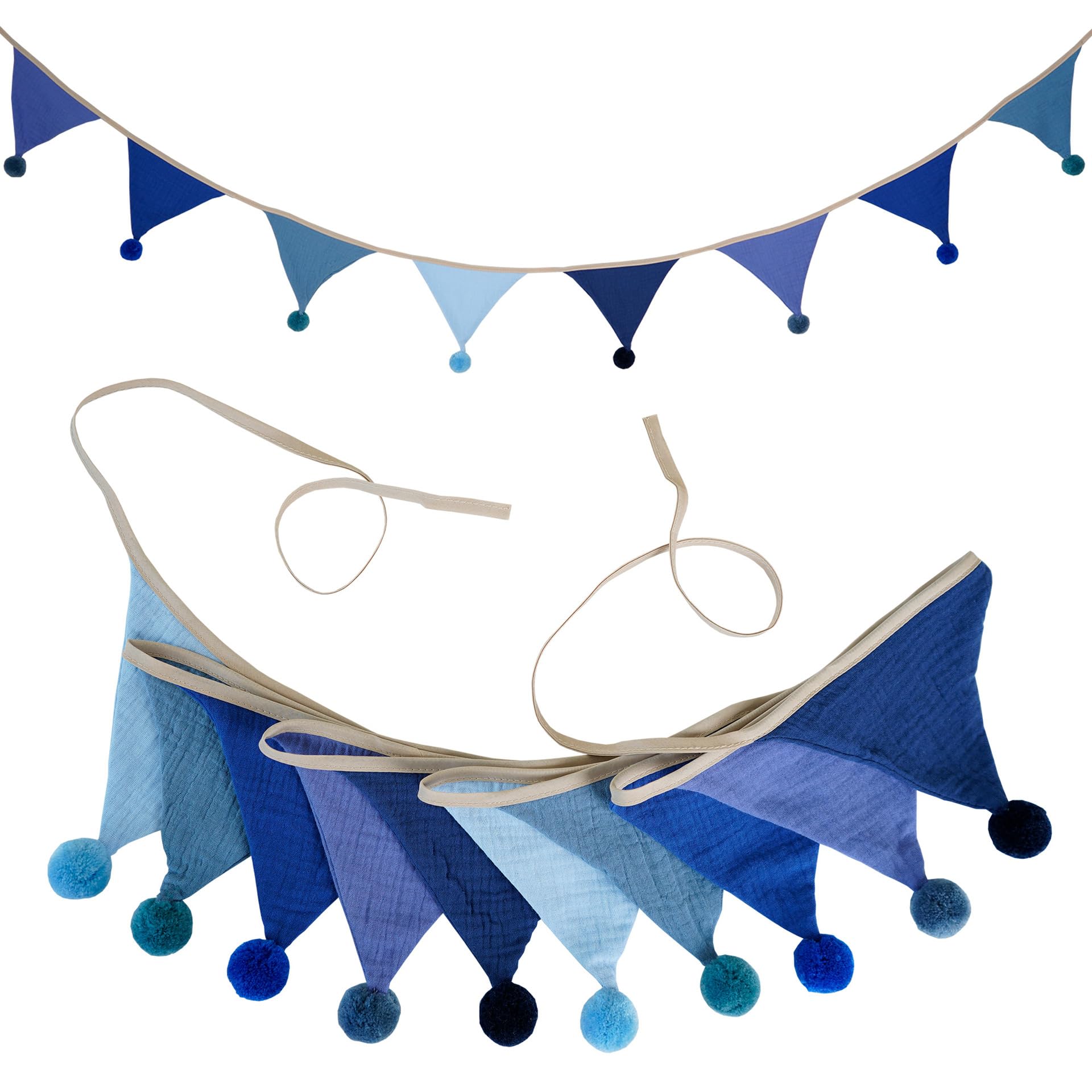 Blue Bunting Banner Dual Layer Cotton Pompom Triangle Flags Pennant Garland for Graduation Wedding Birthday Bachelorette Halloween Christmas Party Decor