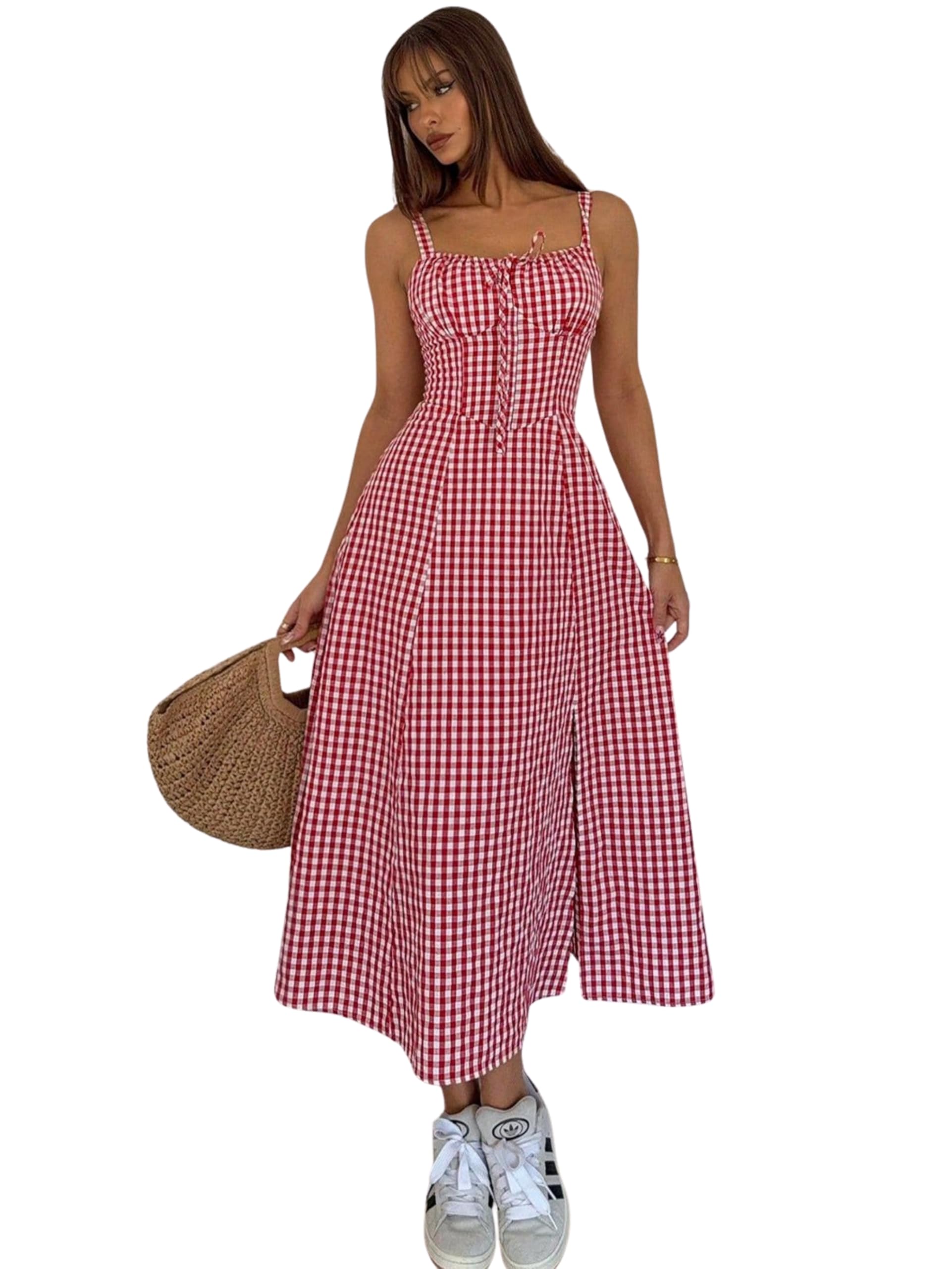 Women Fit and Flare Red Solid Lace Up Backless Ruched Boning Spaghetti Strap Slim Fit Long Cami Dress