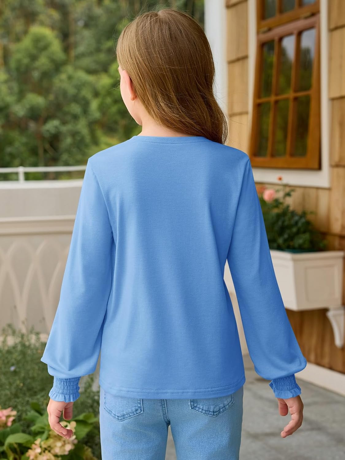 Haloumoning Girls Long Sleeve T Shirts Kids Fall Crewneck Tops Casual Smocked Cuffs Tees 5-14 Years - Image 5