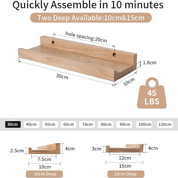 GIEANOO Étagère Murale, 30cm Étagère Flottante en Bois de chêne Massif, Rustique Etagere Bois pour Salon, Cuisine, Chambre, Salle de Bain - 3