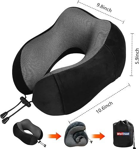Miniatura 7 de Almohada cervical de viaje con espuma viscoelástica, soporte ergonómico, hebilla ajustable, incluye máscara de ojos y tapones para los oídos, funda