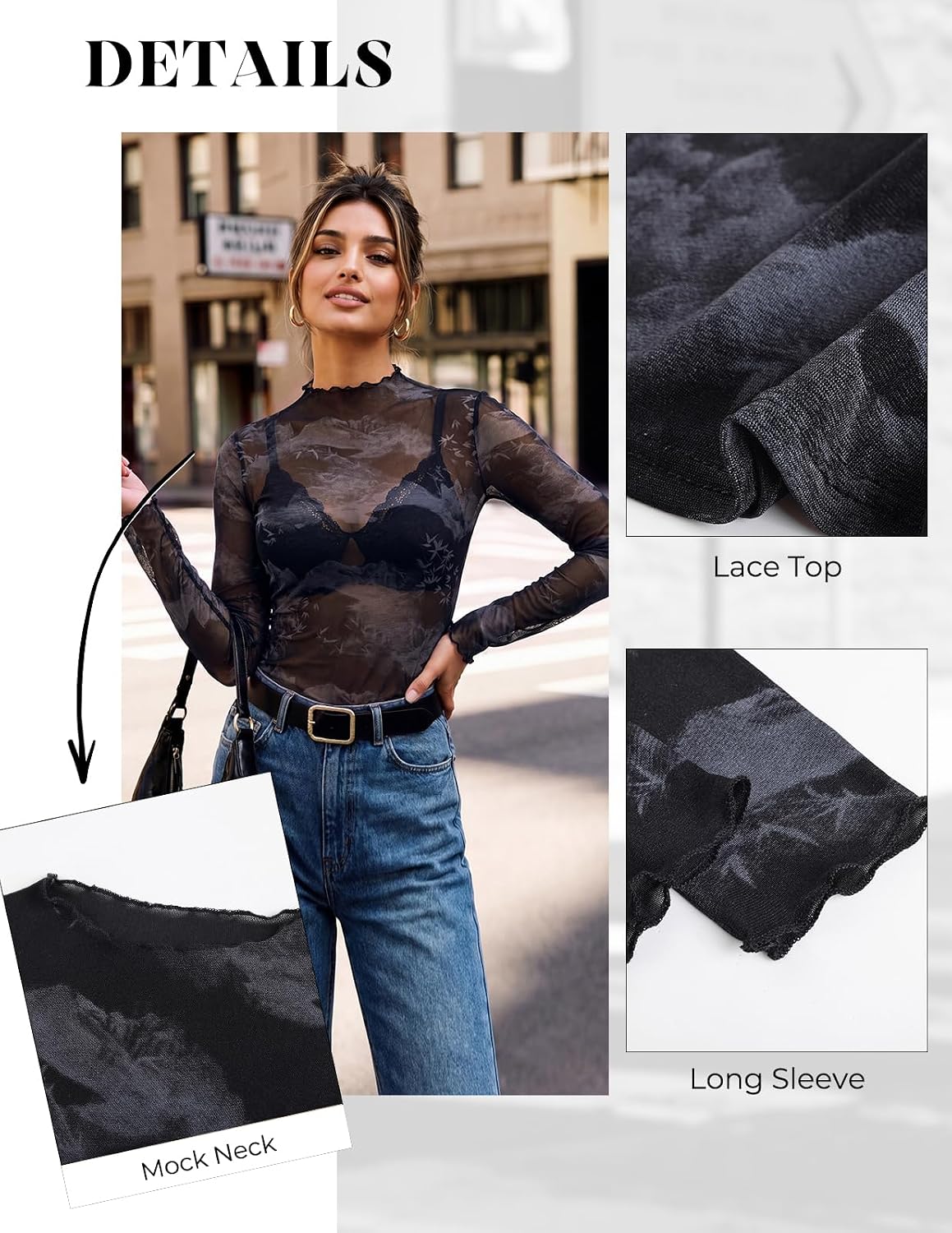 GRACE KARIN 2026 Mock Neck Sheer Lace Long Sleeve Top image 4
