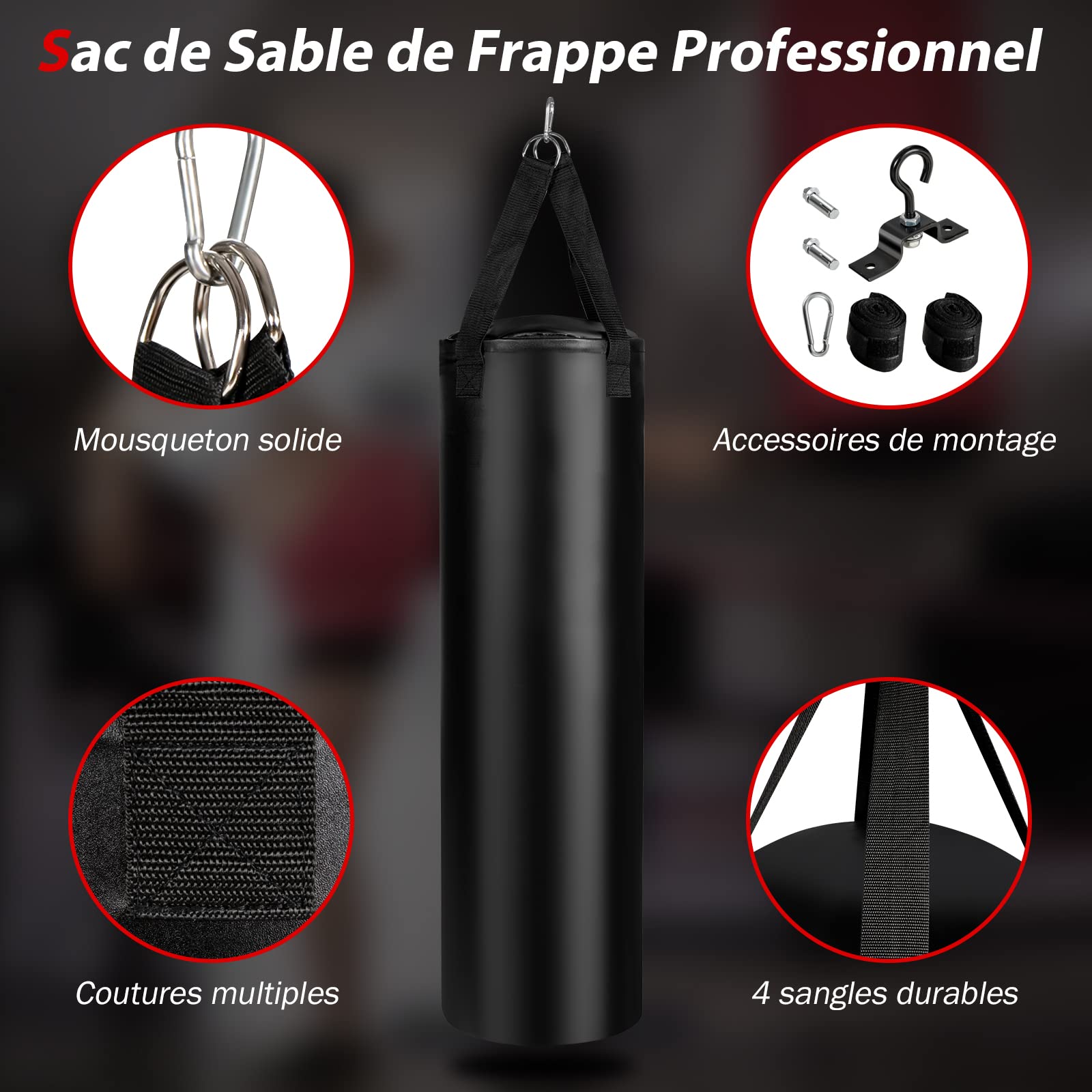 GYMAX Ensemble Sac de Boxe pour Adulte, Sac de Boxe Suspendu avec Gants de Boxe 12 Oz, Bandages de Boxe & Support Plafond, pour Sac de Sable Boxe, Kickboxing, Noir (30 * 100cm)