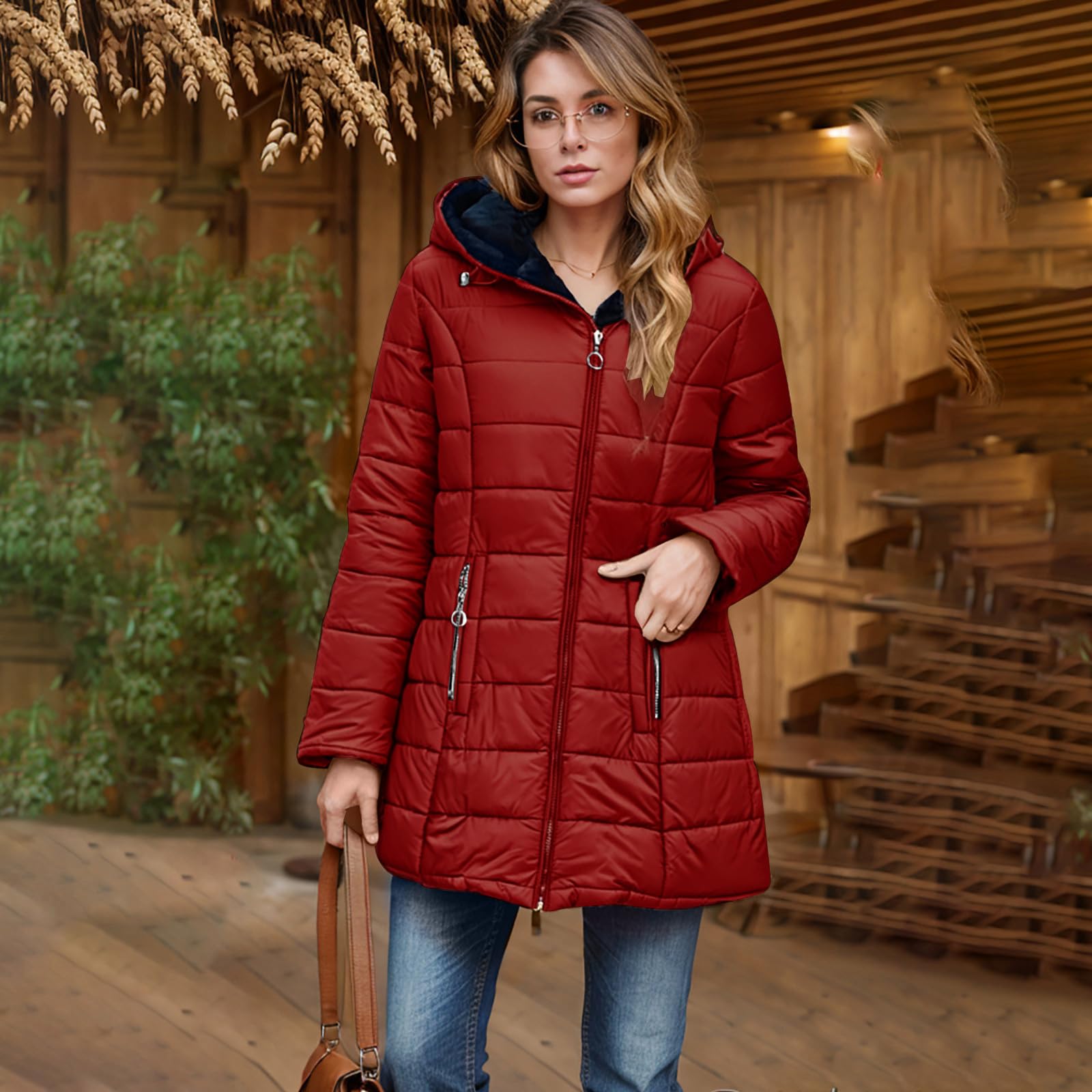 EMATOP Wintermantel Damen Warm Gefüttert Steppjacke Lange Elegant Damenmantel Langarm Winter Parka Jacke mit Kapuze Winterparka Mantel Einfarbig Bequemes Sportjacke Winddicht Outdoorjacke