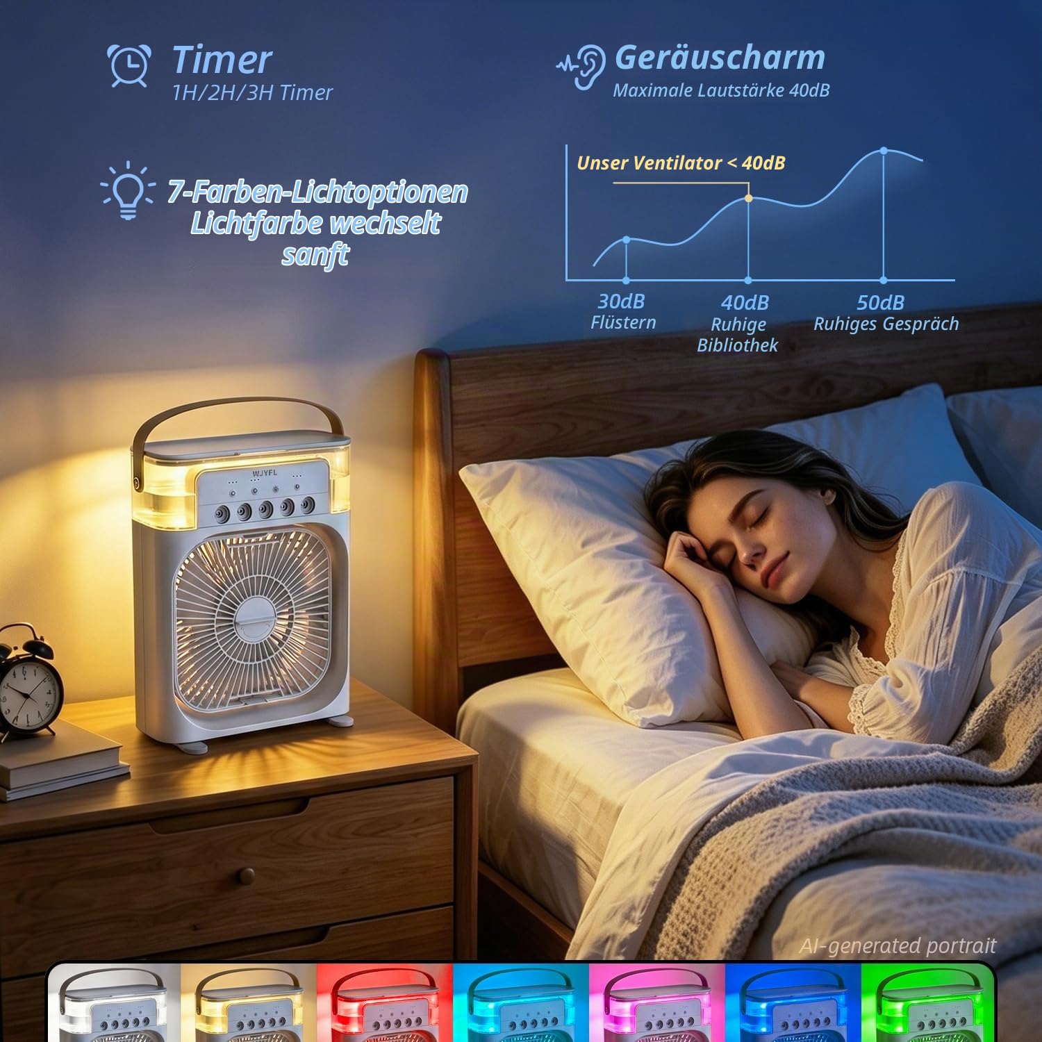 Mini Luftkühler mit 5 Sprühdüsen, 3 Sprühstufen und 600-ml-Wassertank | USB-betriebener Tischventilator mit 3 Windstufen, 1/2/3-Std.-Timer und 7-Farben-LED-Effekt für Büro und Schreibtisch