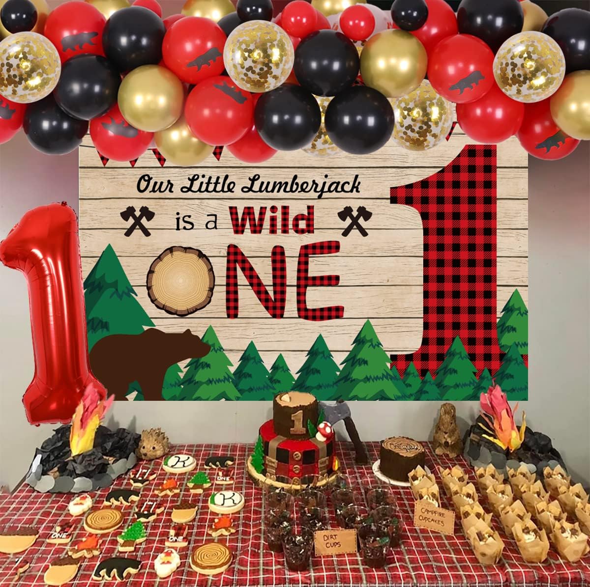 Lumberjack First Birthday Party Decorations, Buffalo Plaid Camping Balloon Garland Kit Wild One Backdrop Highchair Banner Bear 1st Birthday Party Supplies