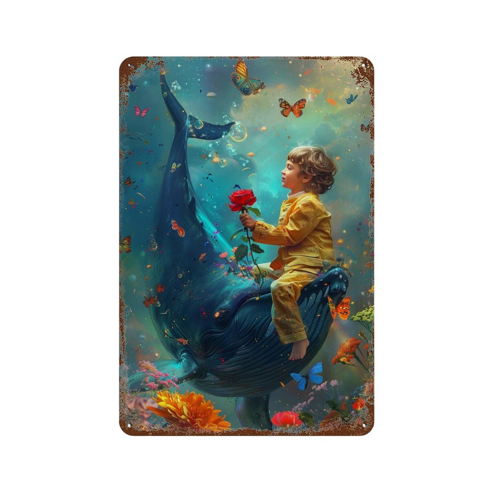 Whale, Child, Flower, Fantasy Aged Metal Wall Plaque 11.8"x7.9", for Pub, Kitchen And Man Cave Decor, Decorative Metal Wall Art