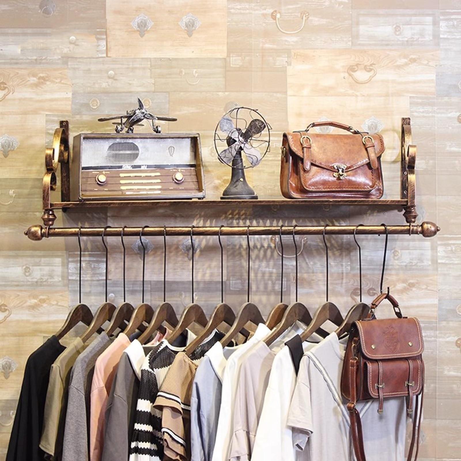 THEGA Tringle À Vêtements Rustique Vintage Robuste, Porte-vêtements Mural avec Étagère, Étagère De Présentation en Métal pour Magasin De Vêtements Commerciaux, Rangement Peu Encombrant(Bronze,100cm)
