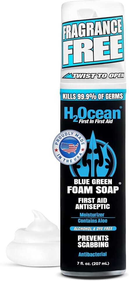H2Ocean Blue Green Foam Soap - Tattoo Aftercare Cleanser, Antibacterial, Unscented, with Aloe Vera, Moisturizing Care, Safe for All Skin Types, No Harsh Chemicals, Fragrance Free - 7 oz