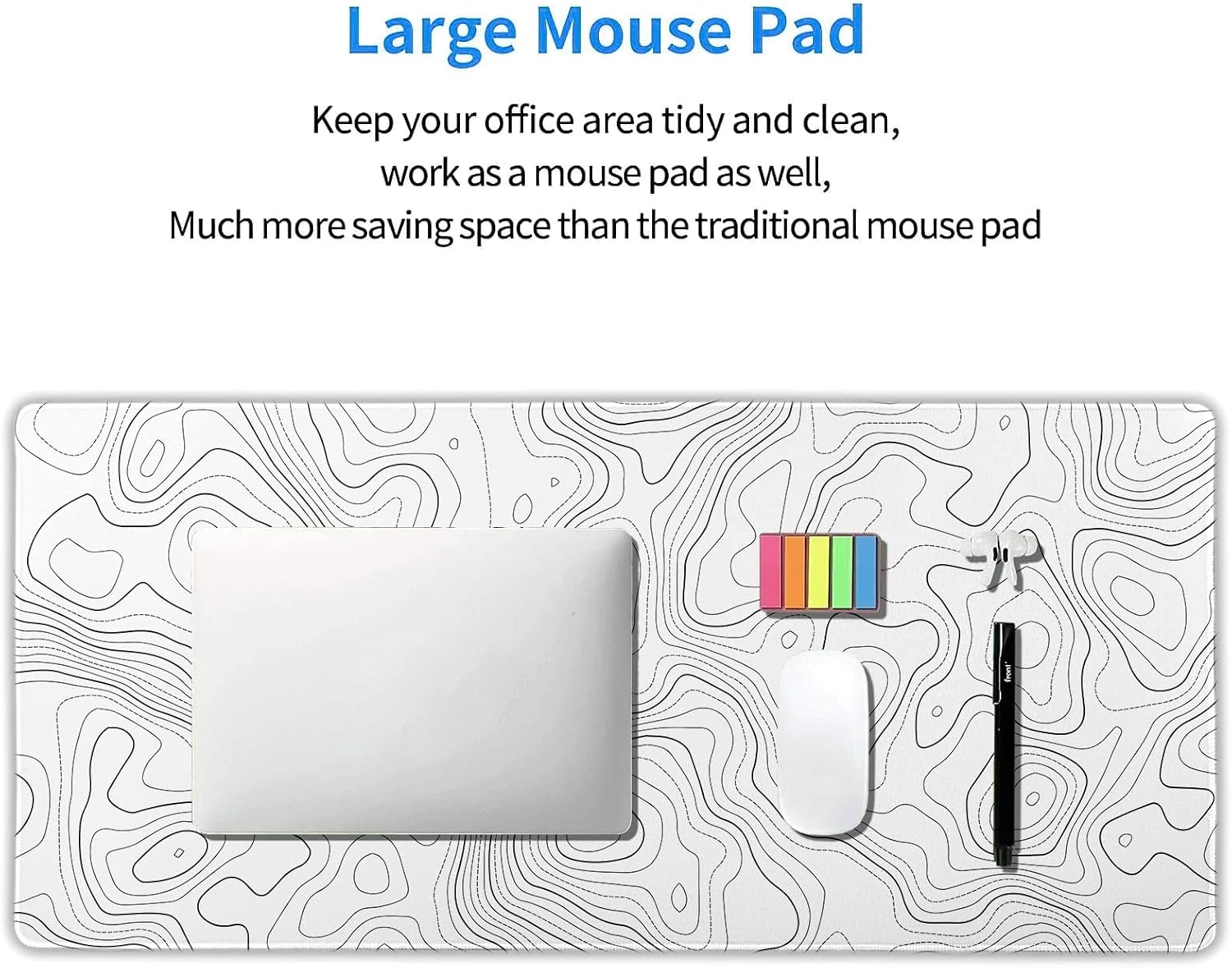 Topographic Map Large Mouse Pad XXL White Lines Contour Geographic Extended Desk Mat Big 90X40 CM Non-Slip Rubber Base Stitched Edge Long Mousepad,35.4 x 15.7 Inch