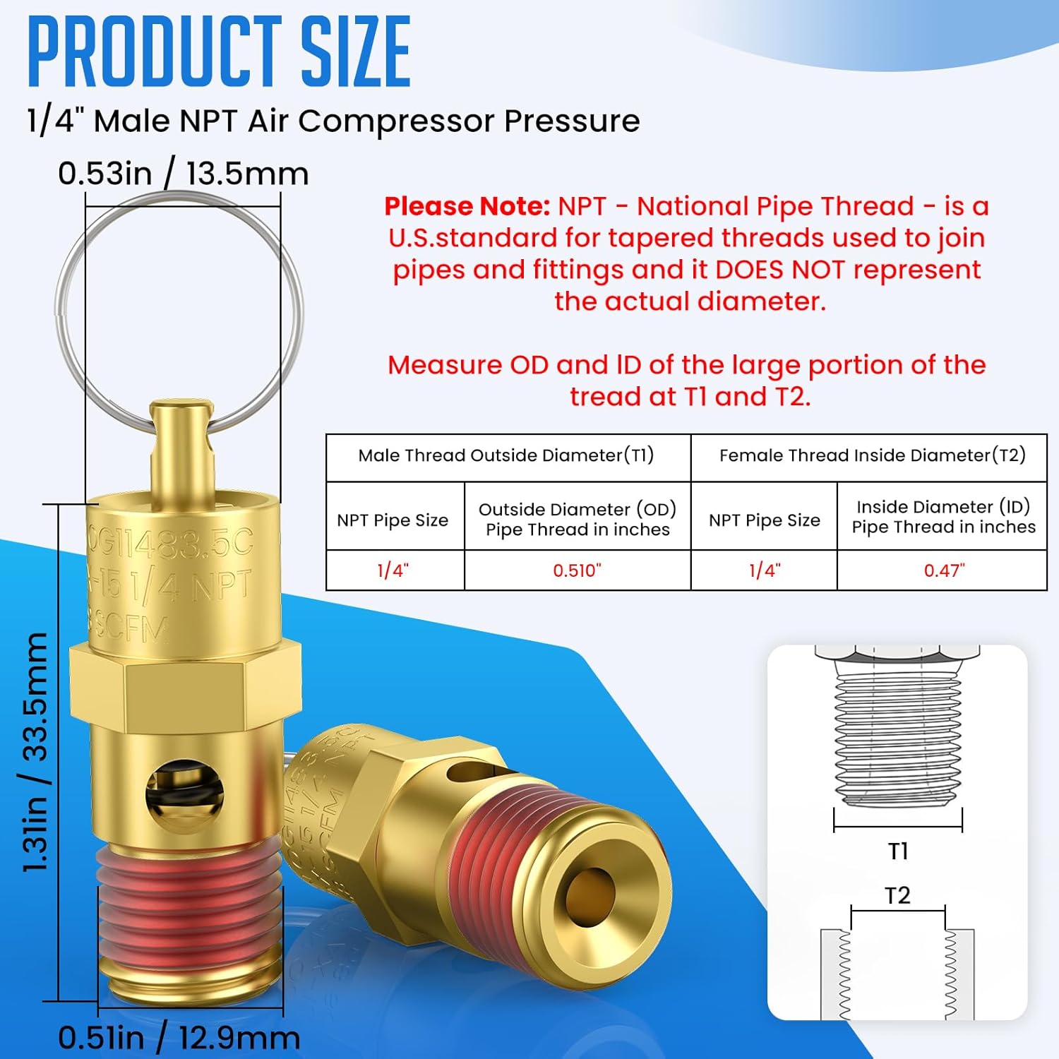 2 Pcs 1/4" NPT(M) 175 PSI Air Compressor Pressure Relief Valve, Brass Safety Valve for Air Compressor (Tank Pop Off)