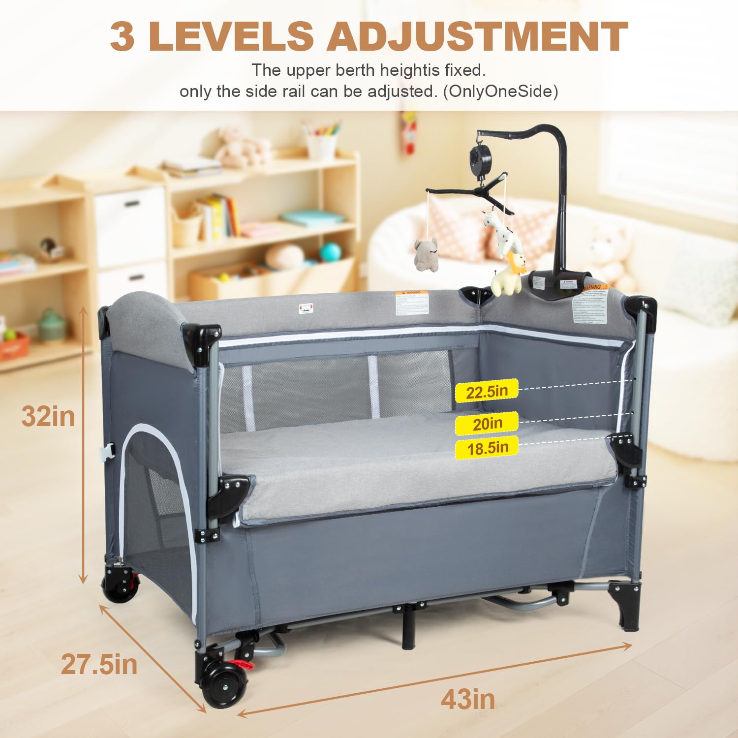 5-in-1 Pack and Play Portable Crib for Baby,Multifunction Bedside Crib from Newborn to Toddlers,U-Shaped Diaper Changer,Playard,Safety Strap,Carry Bag