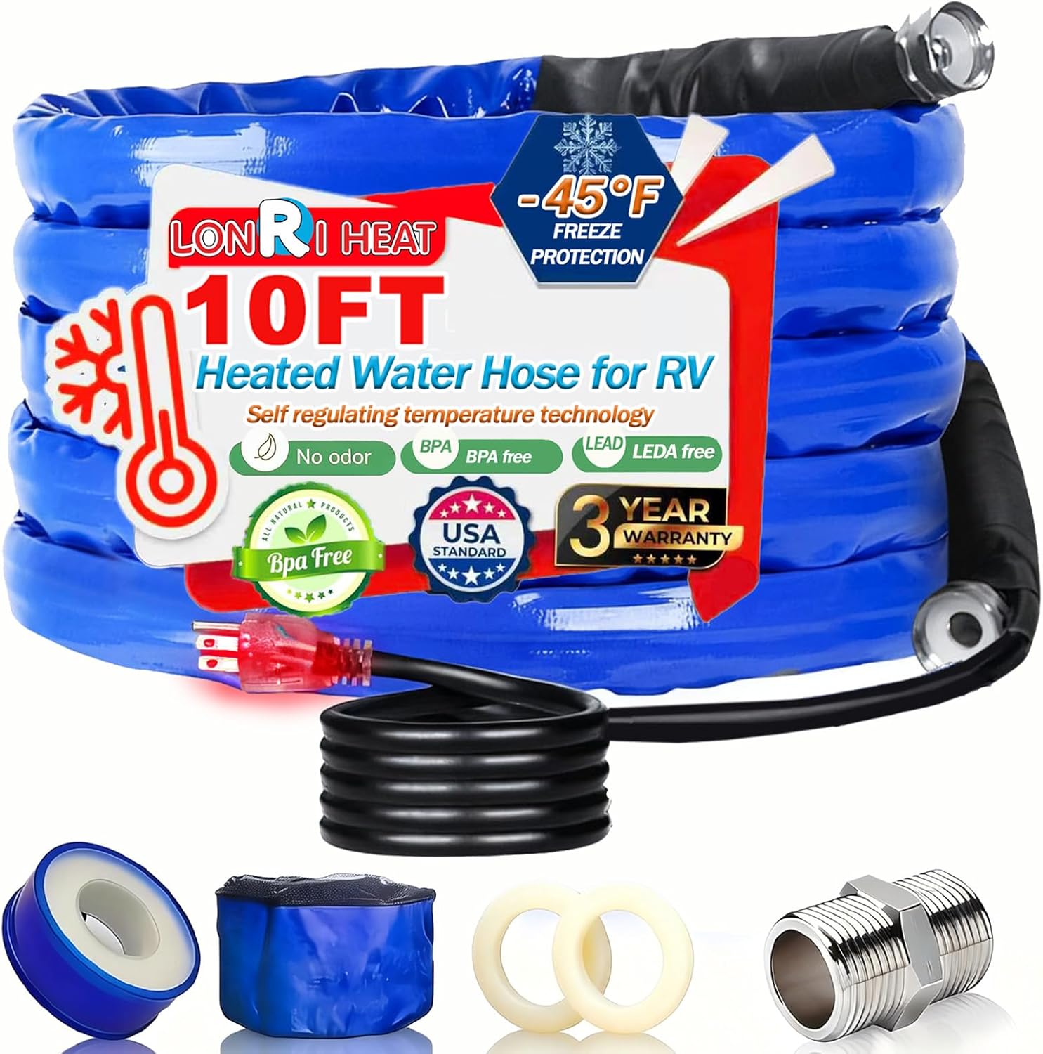 10FT Heated Rv Water Hose Camper Water Drinking Water Safe Garden Hose -45 ℉ With Electrically Heated, Lead And Bpa Free, 3/4" Adapter, Led Plug, For Rv Camper/Home Winter Accessoriesose