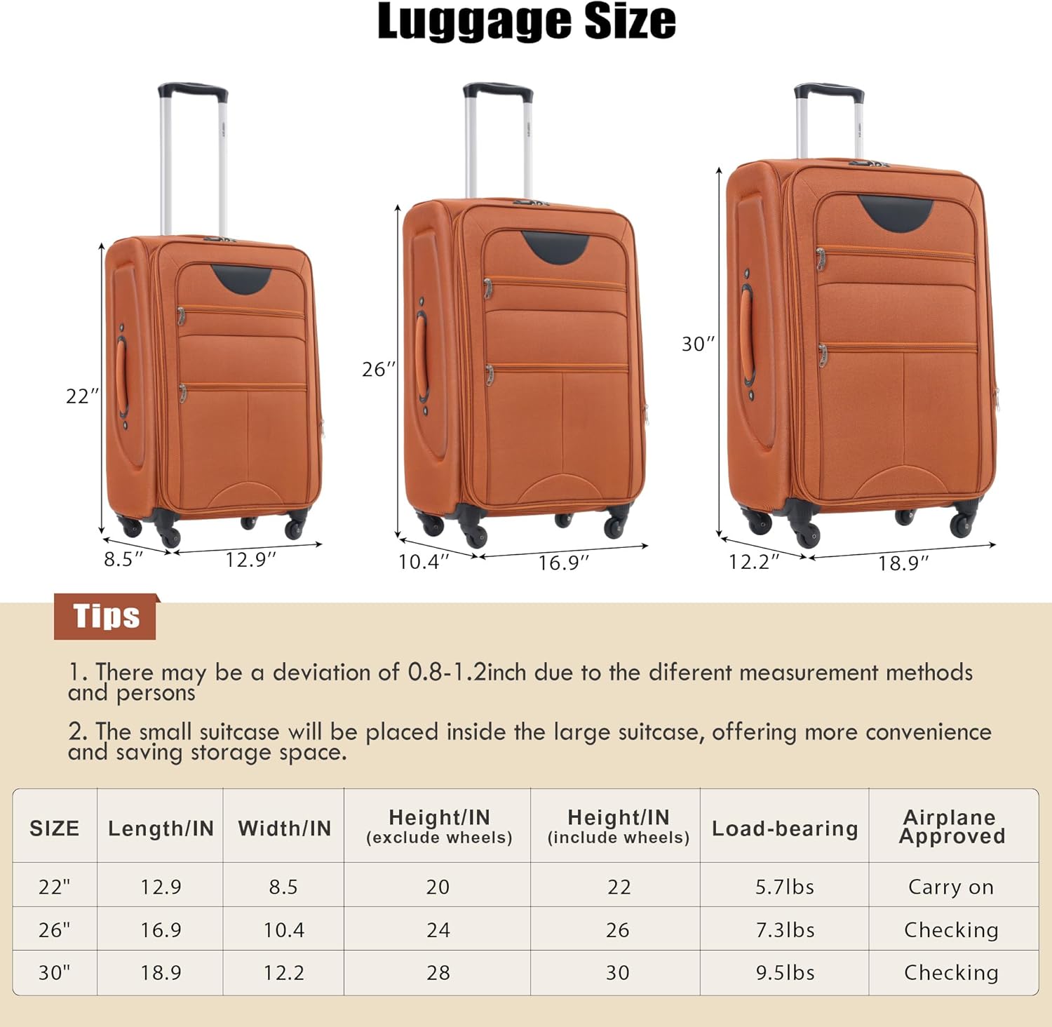 Merax Luggage Set, Softside Suitcase 3 Piece, Expandable Lightweight Luggage Sets with Duffel Bag 22" 26" 30" Suitcase with Wheels TSA Lock,Orange